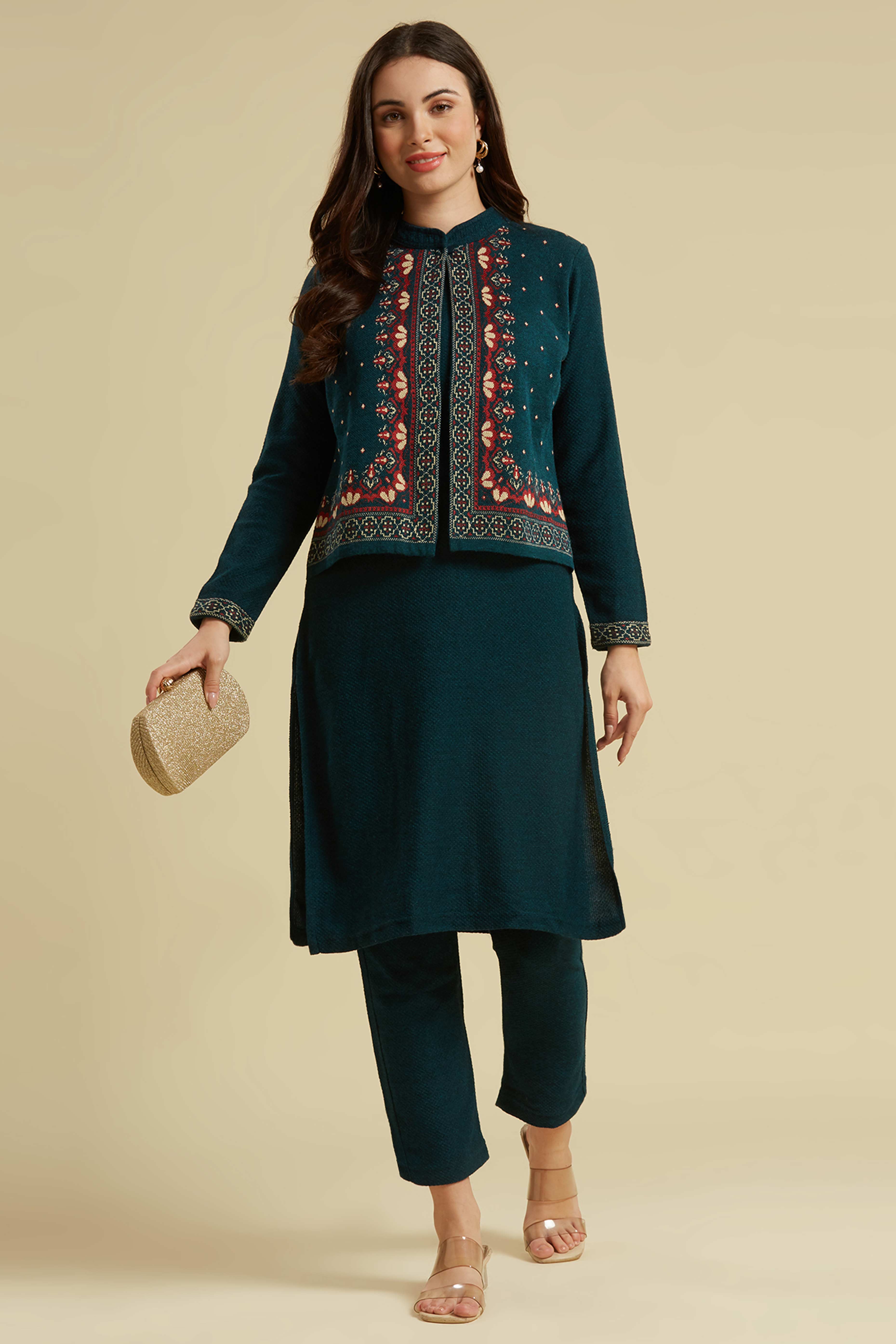 Peachmode Dark Teal Floral Woolen Top Bottom Set
