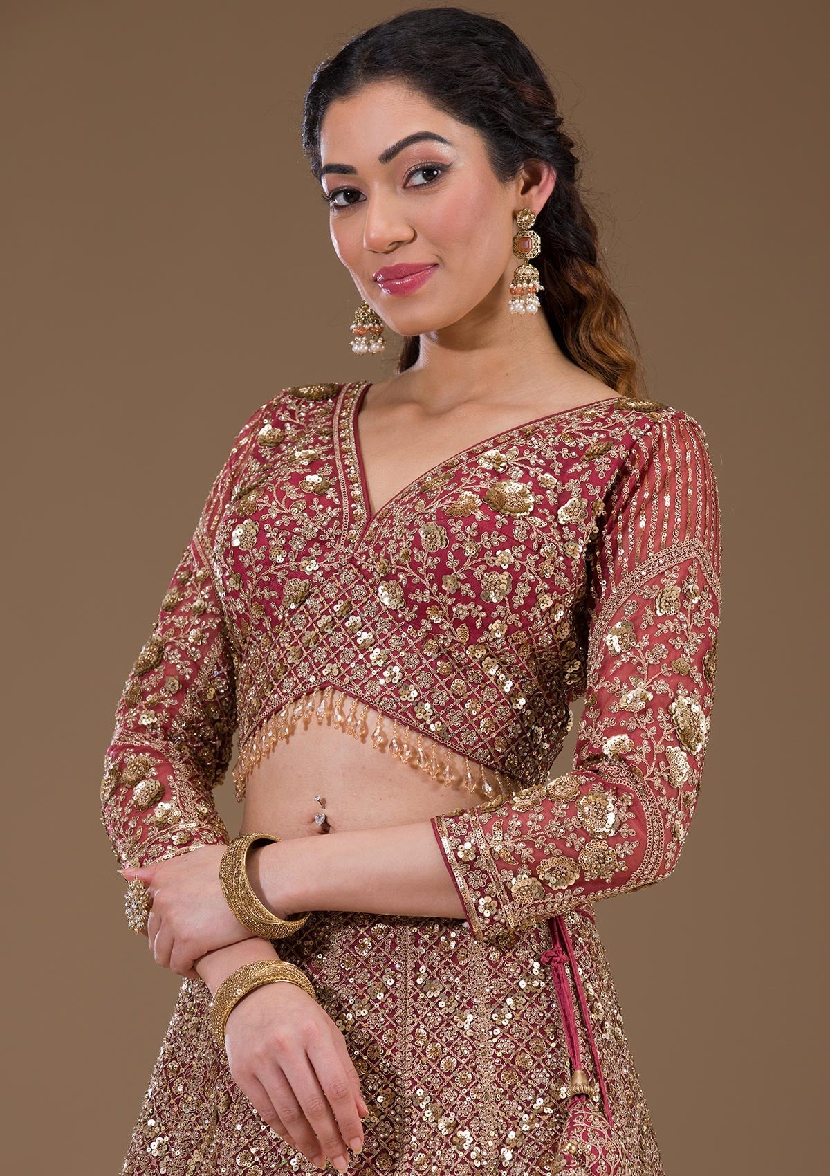 Koskii Light Brown Sequins Net Readymade Lehenga - view 2