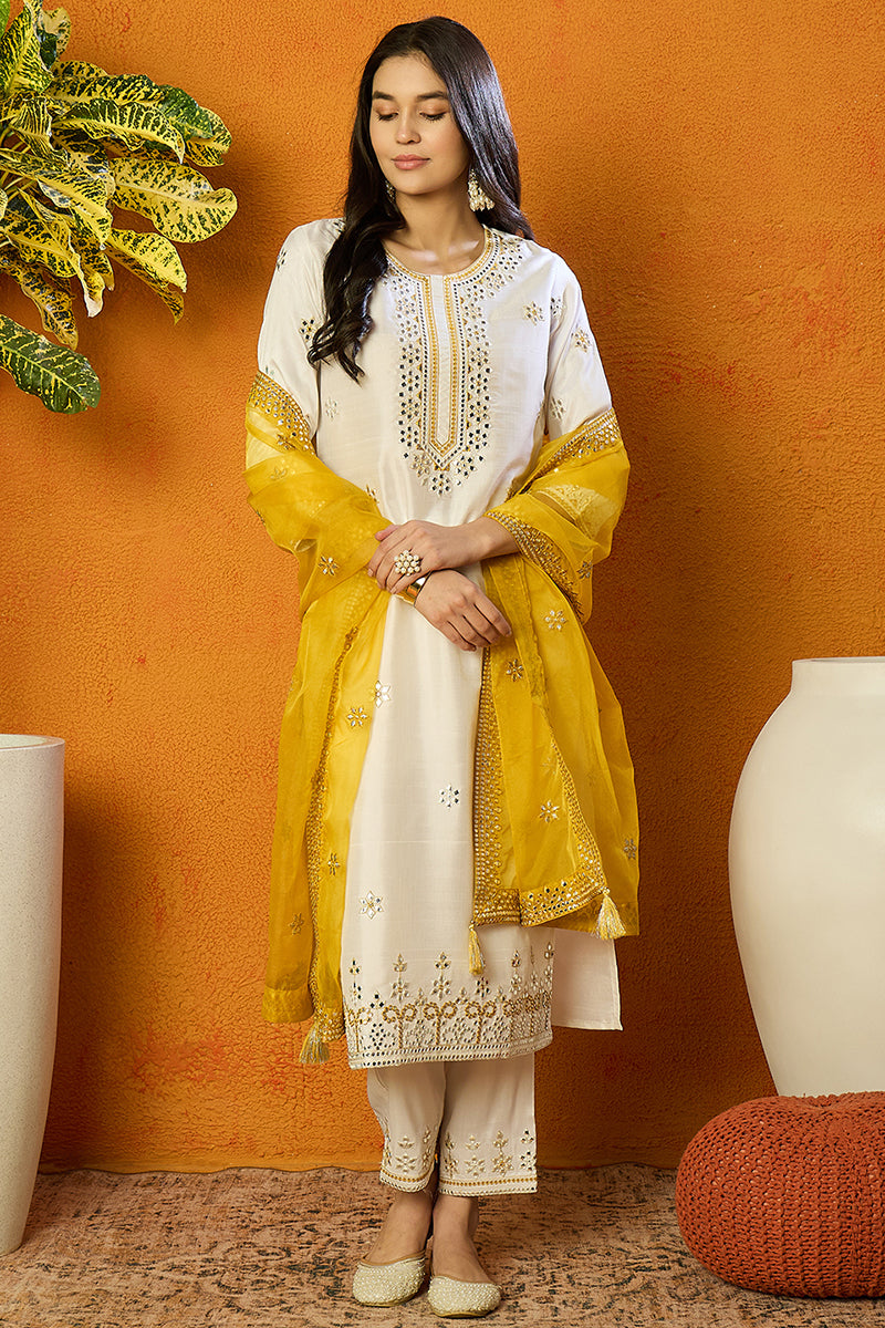 Ahika White Silk Blend Solid Embroidered Straight Suit Set PKSKD2471 - view 3
