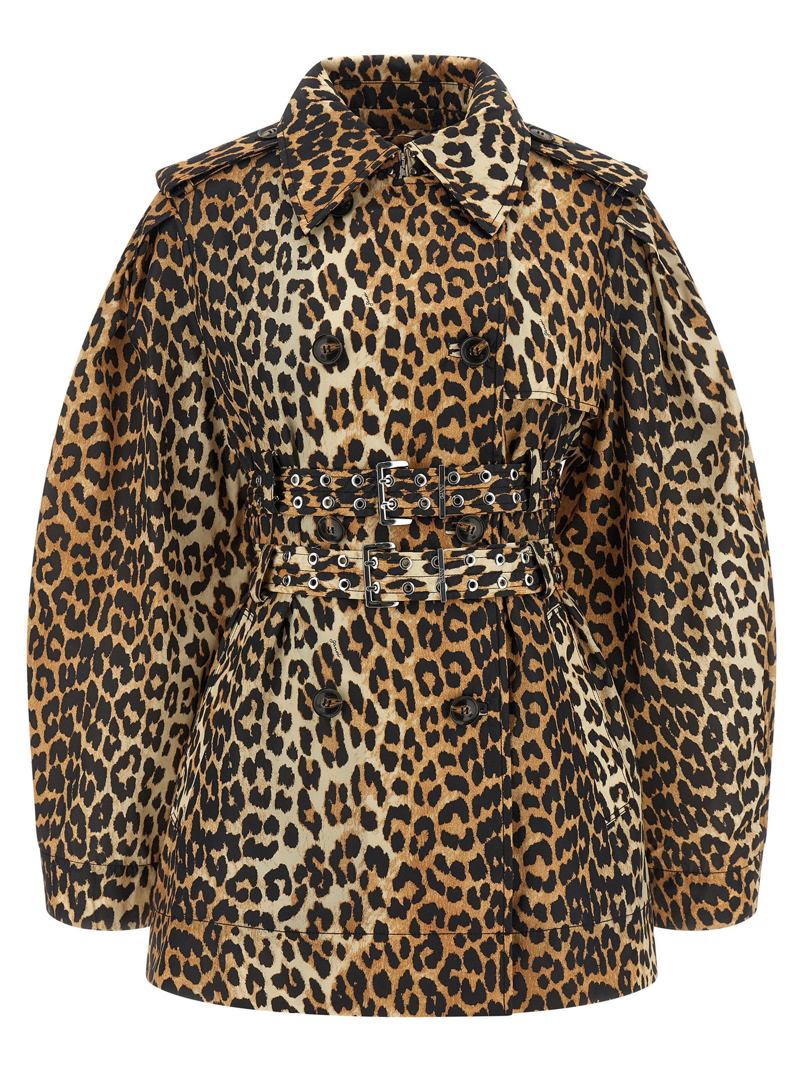 Ganni Leopard Duchesse Nylon Short Trench Coat - view 2