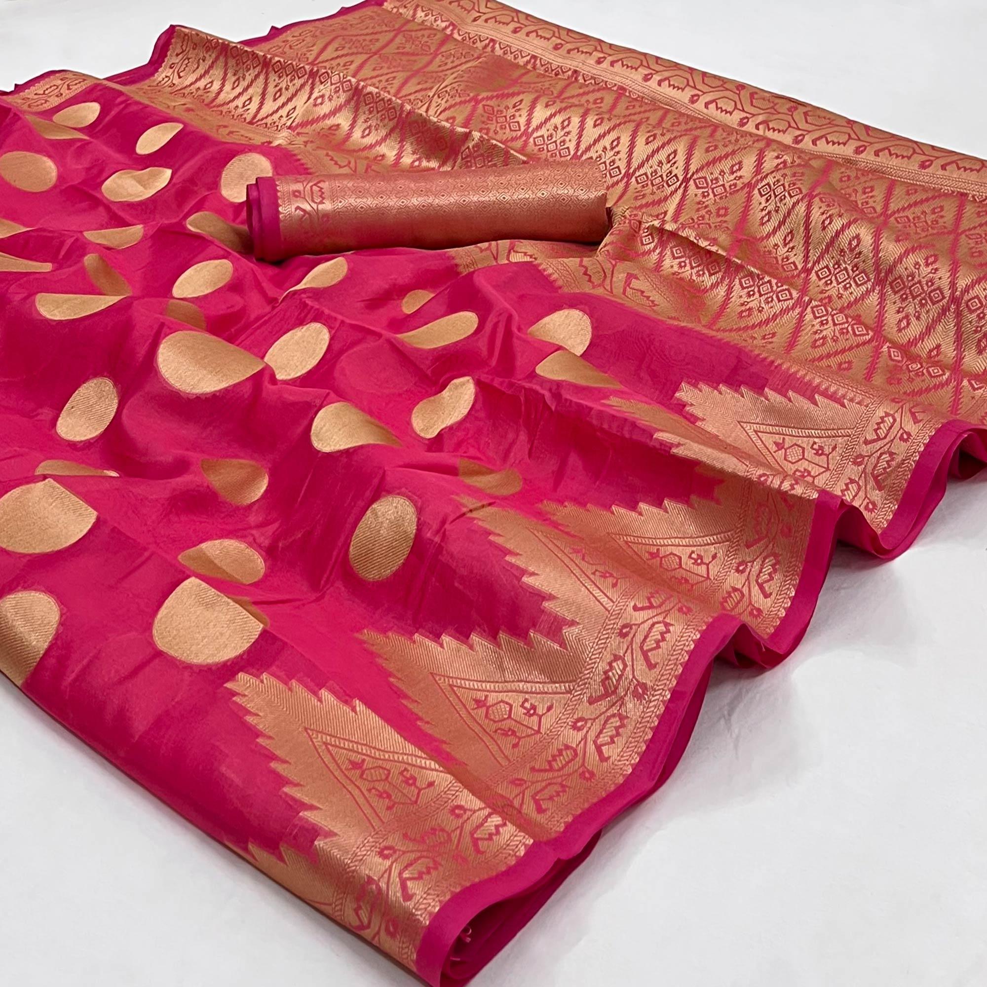 Peachmode Gajari Pink Woven Organza Saree – Women's