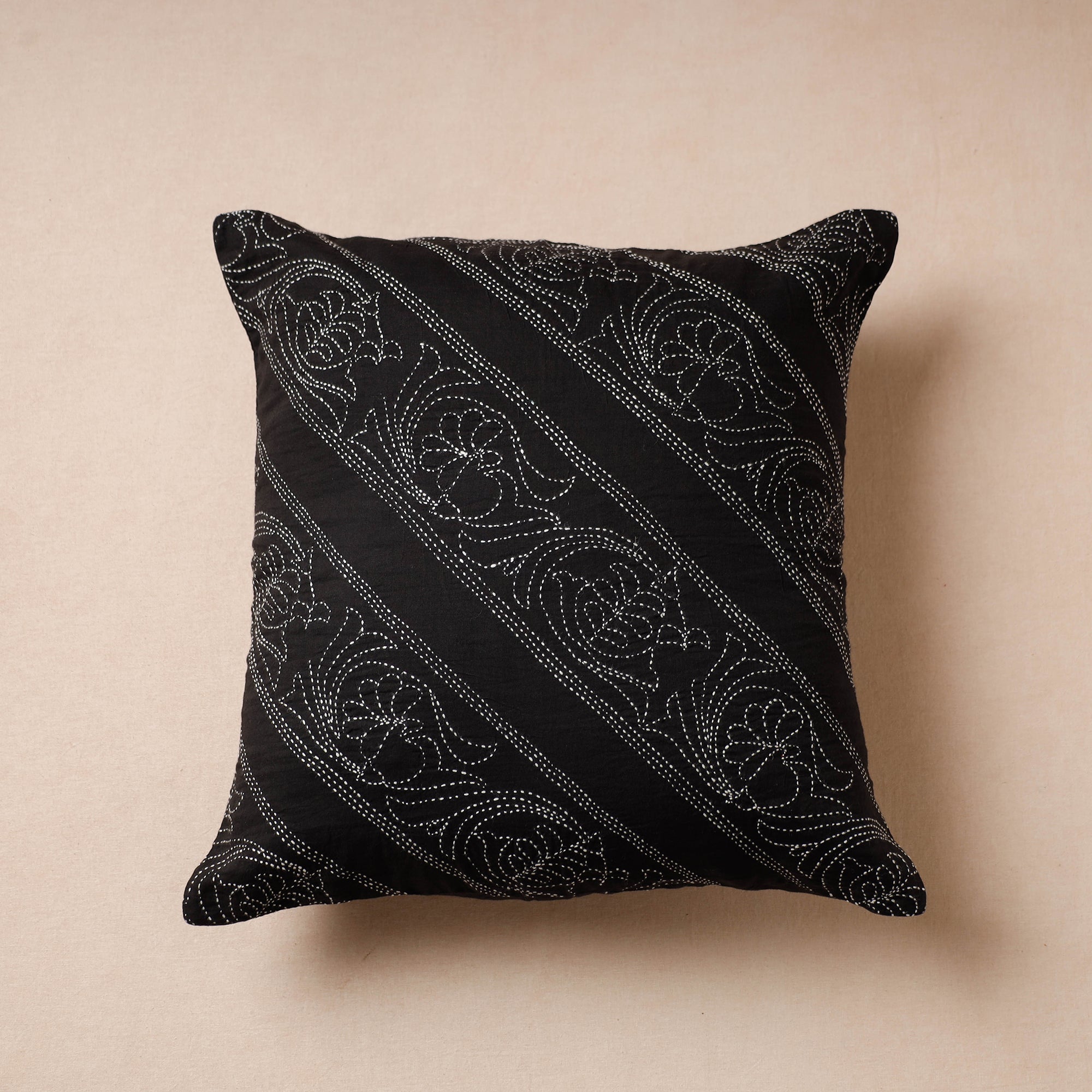 SASHA Black - Bengal Kantha Embroidery Mulberry Silk Cushion Cover (16 x 16 in)