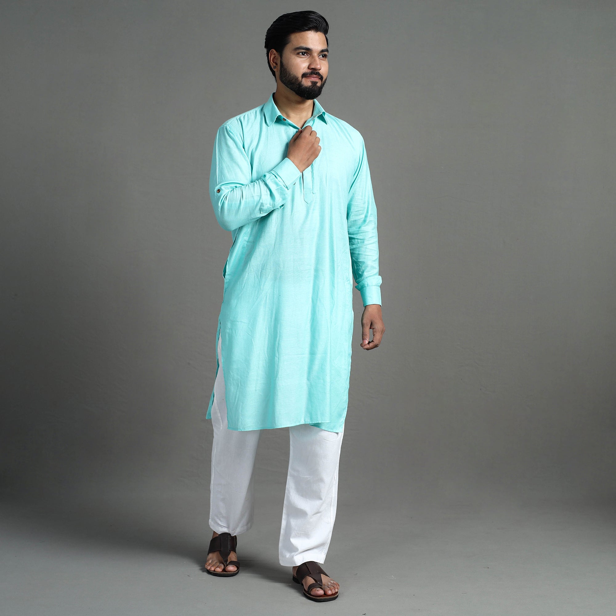 ITOKRI CASUALS Aqua Blue - Linen Viscose Plain Men Long Pathani Kurta