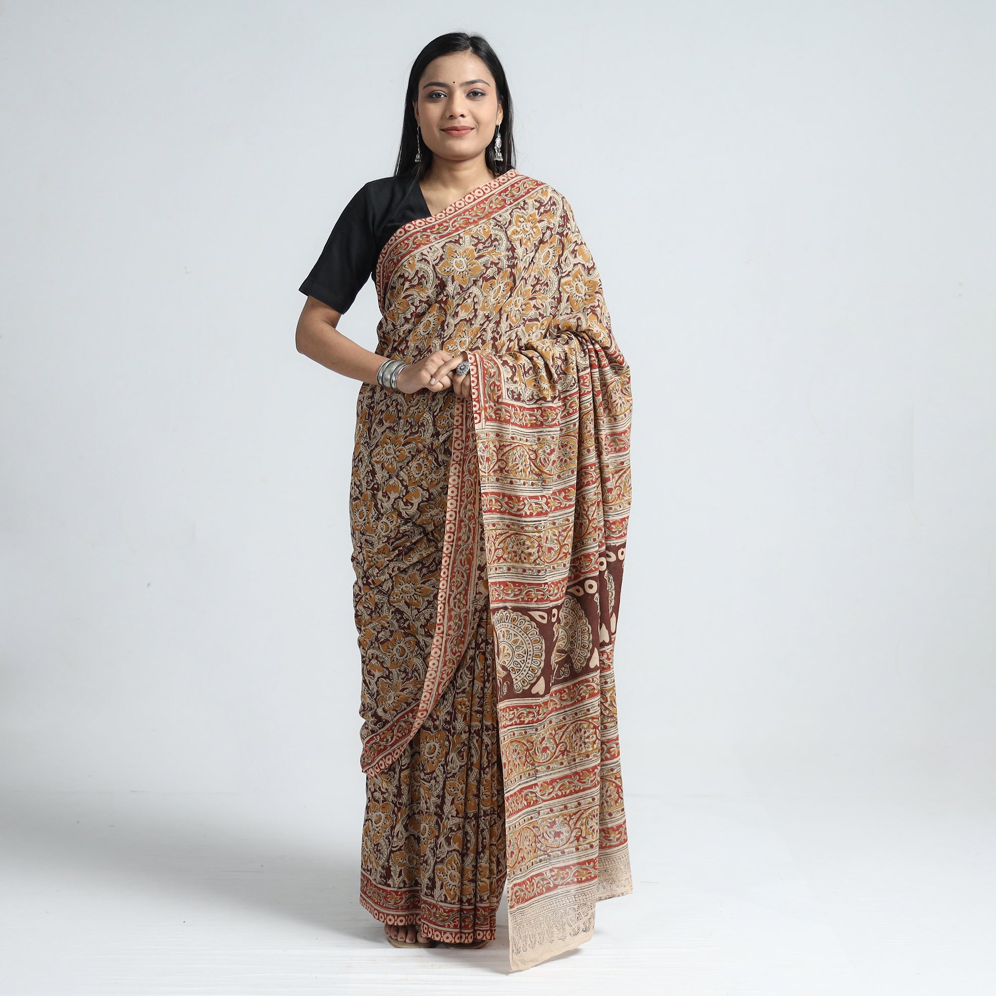 VENKATA BHANU KALAMKARI PEDANA Brown - Pedana Block Print Cotton Kalamkari Saree - view 2