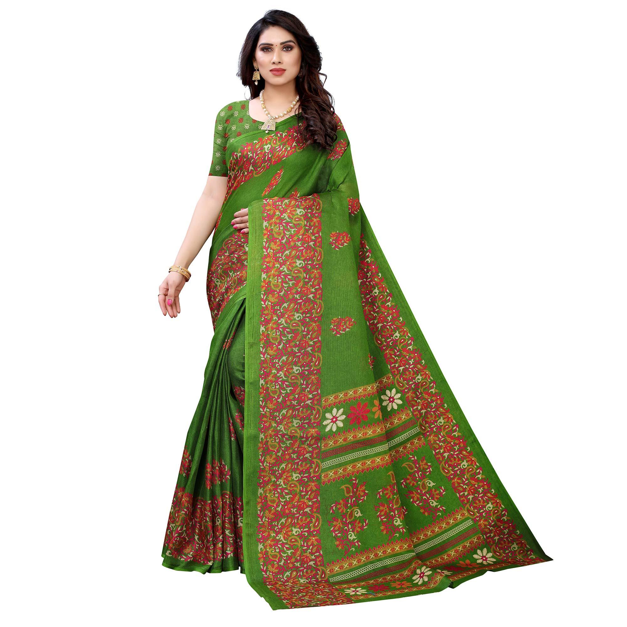 Green sarees – BlackTree green-casual-wear-printed-jute-silk-saree-125452