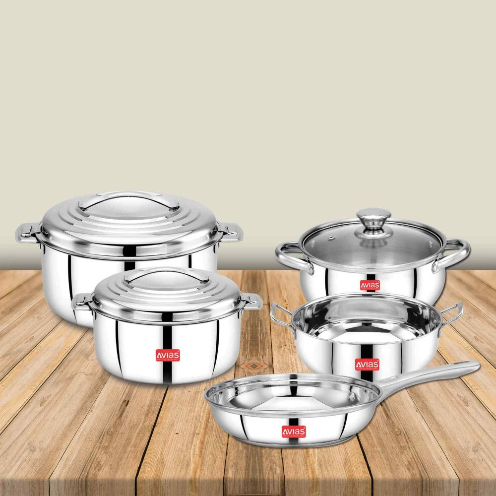 AVIAS Platinox Stainless Steel Set (Belly 18cm + Kadhai 22cm + Frypan 22cm + Casserole 1000ML + 1500ML) | Induction Compatible | Silver | Set of 5 Pcs - view 2