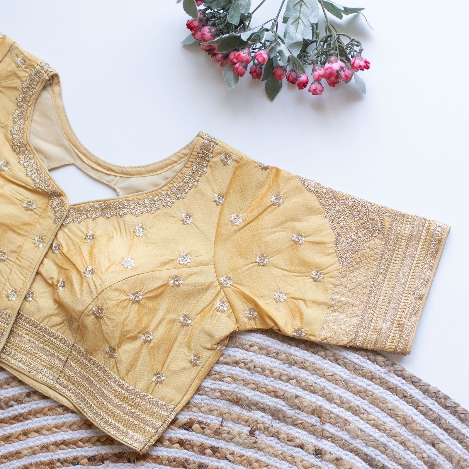 ClothsVilla Cream Golden Embroidered Blouse with Sequins – Caterpillar Silk Elegance
