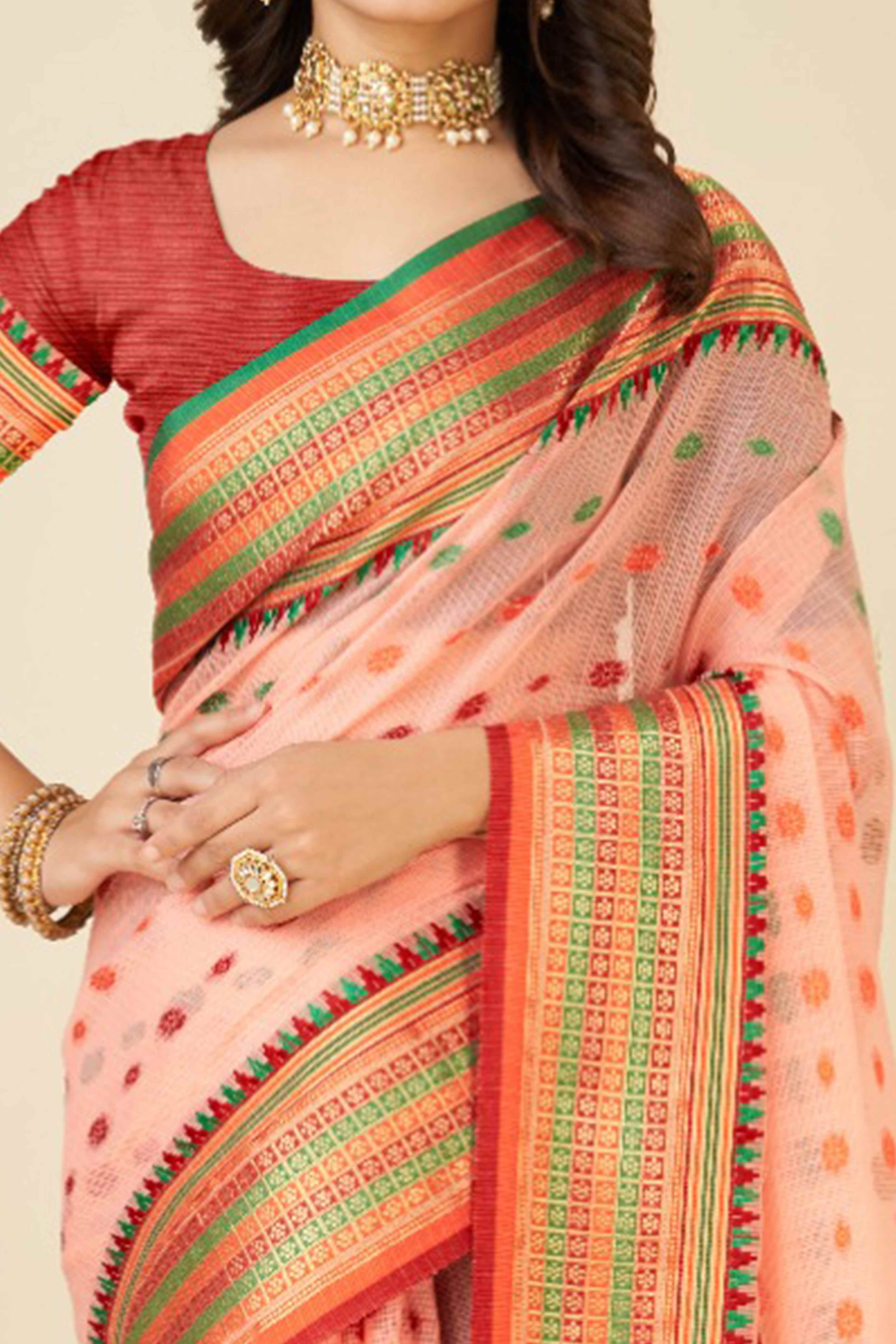 Peachmode Light Peach Zari Weaving Cotton Silk Saree - view 2