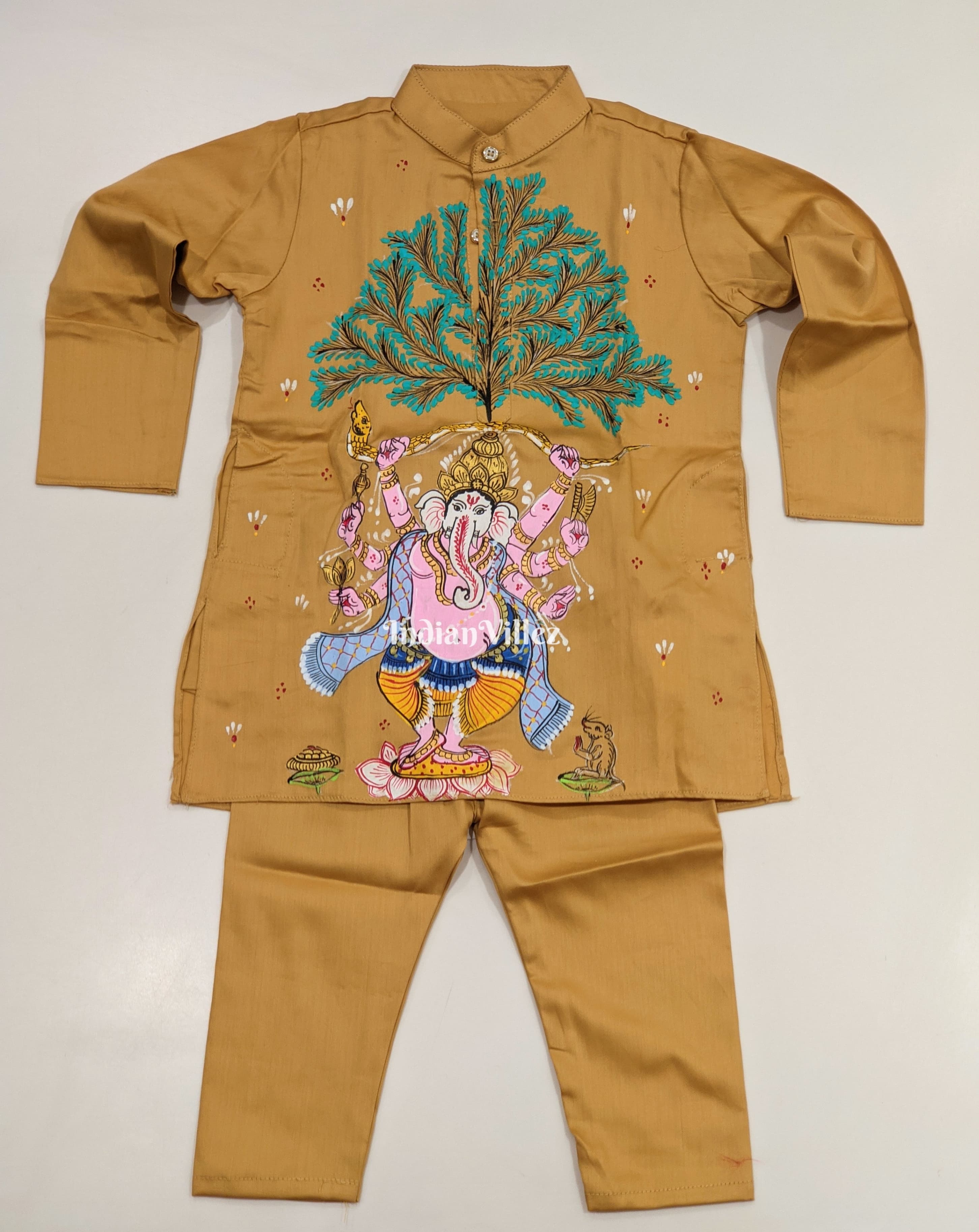 IndianVillèz Saffron Yellow Boys Ganesh Theme Pattachitra Kids Kurta & Pyjama Set