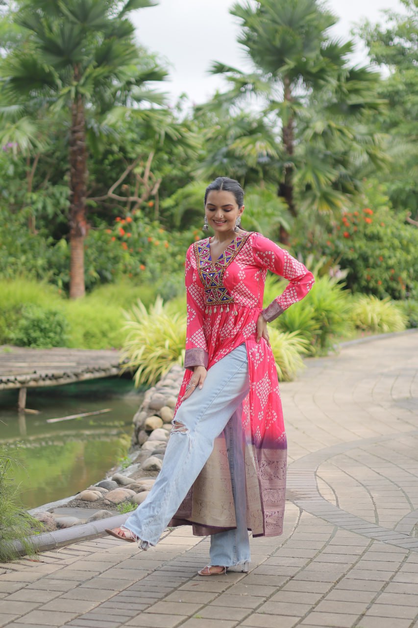 ClothsVilla.com Magenta Designer Printed Kurti in Heavy Cotton with Kutchi Gamthi Lace and Kodi Work - view 2