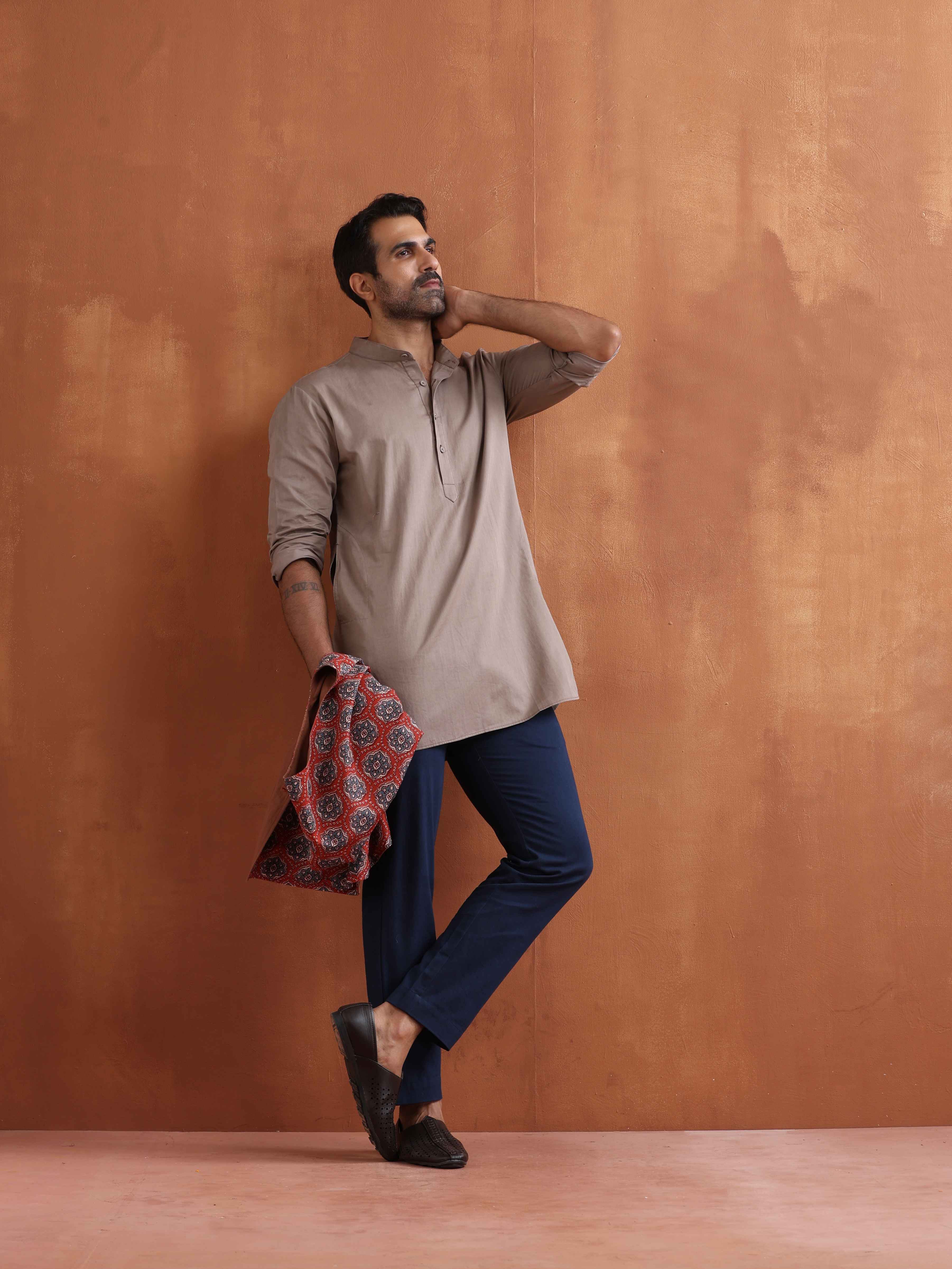 trueBrowns Men's Beige Cotton Short Kurta - view 8