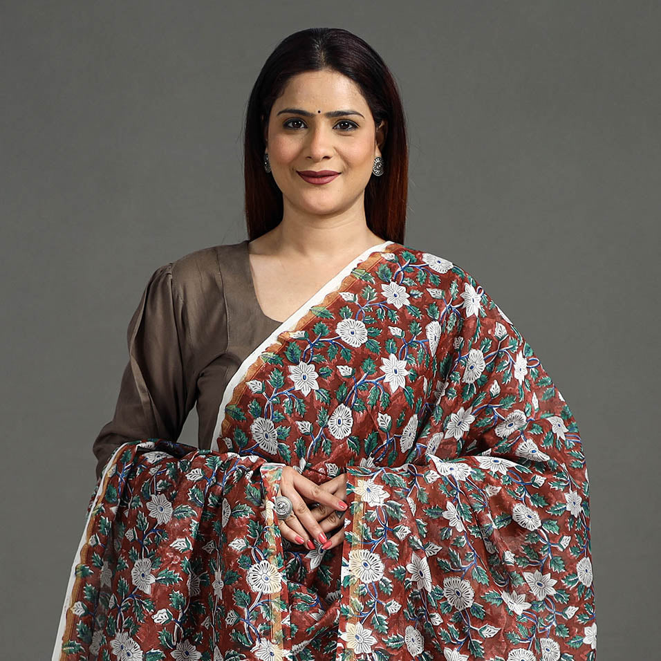 ARTISAN HAND BLOCK PRINTS Brown - Handloom Chanderi Silk Sanganeri Print Dupatta 07 - view 4