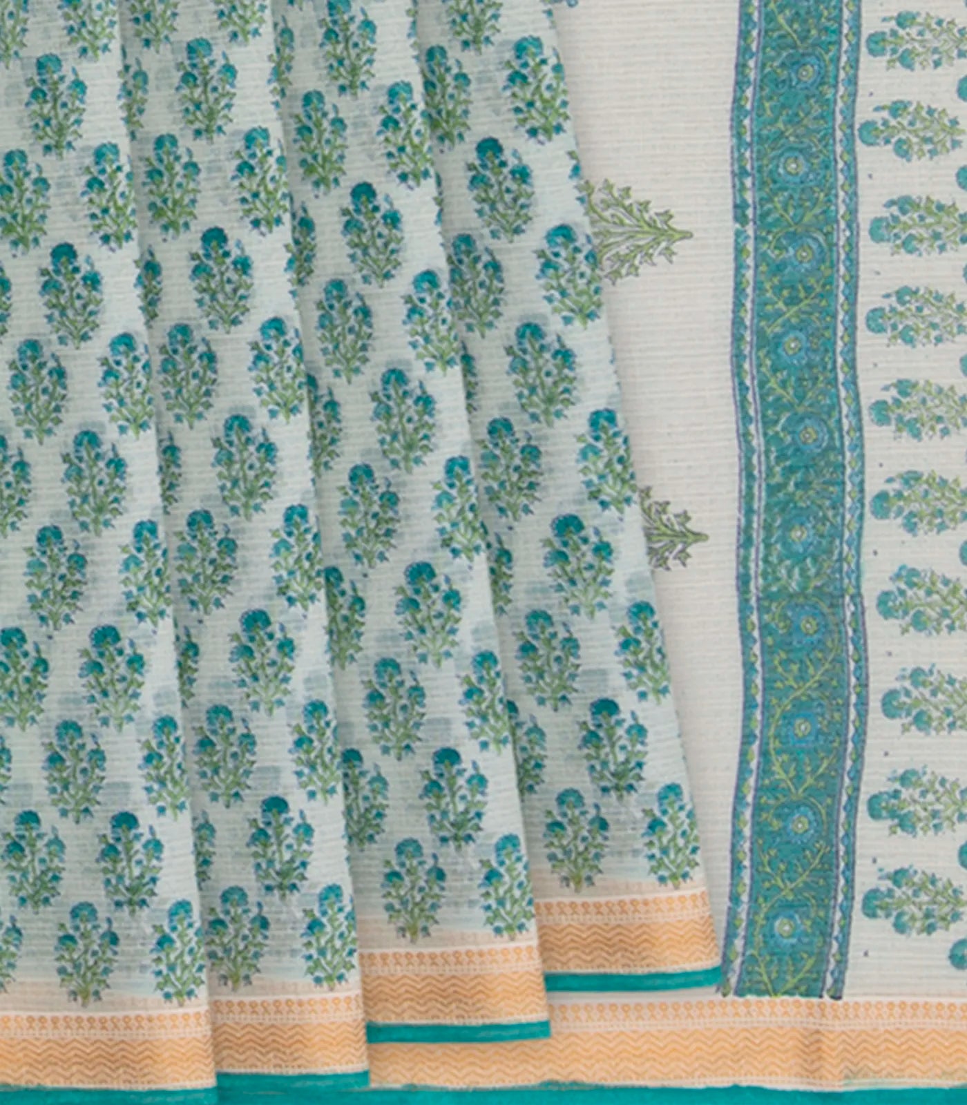 RmKV Off White Handwoven Chanderi Cotton Saree With Moghul Flower Motifs Printed in Turquoise -Off White