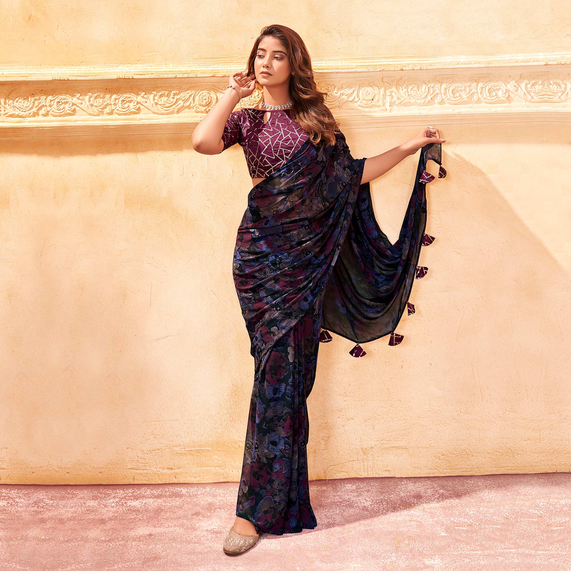 Peachmode Multicolor Floral Printed Georgette Saree With Tassels