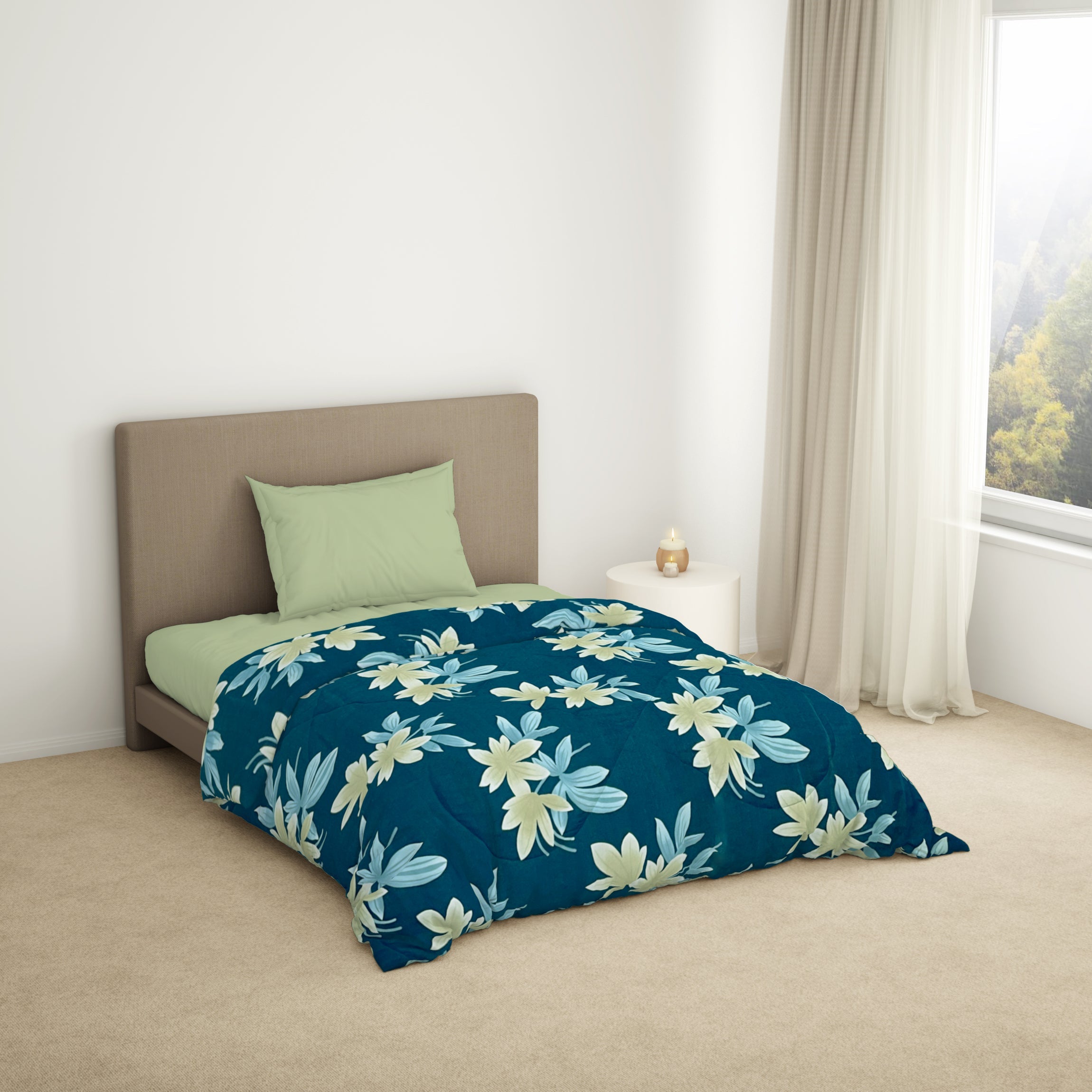 Spaces India Floral Dark Blue Microfiber Shell Single Quilt / AC Comforter - Bliss By Welspun - view 2
