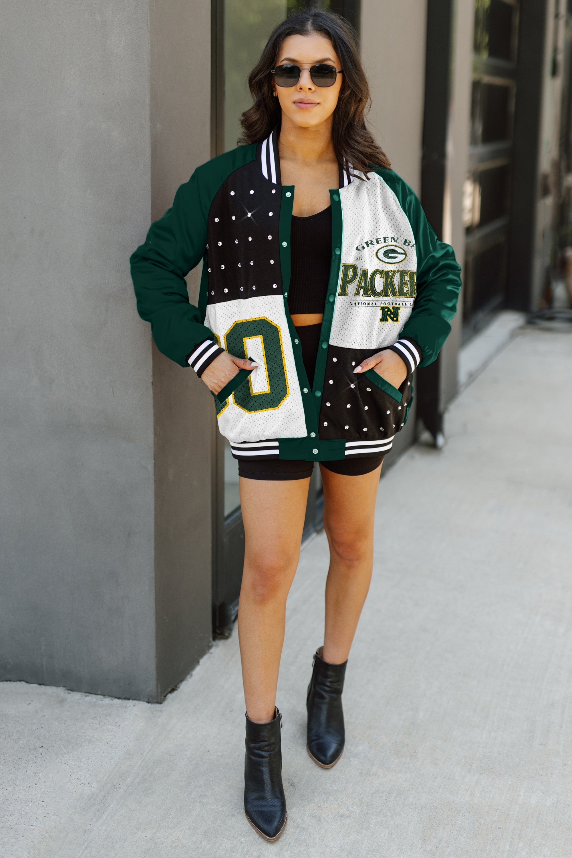 GC X NFL Green Bay Packers Hot Shot Mixed Media Throwback Varsity Bomber Jacket With Rhinestone Inserts - view 4