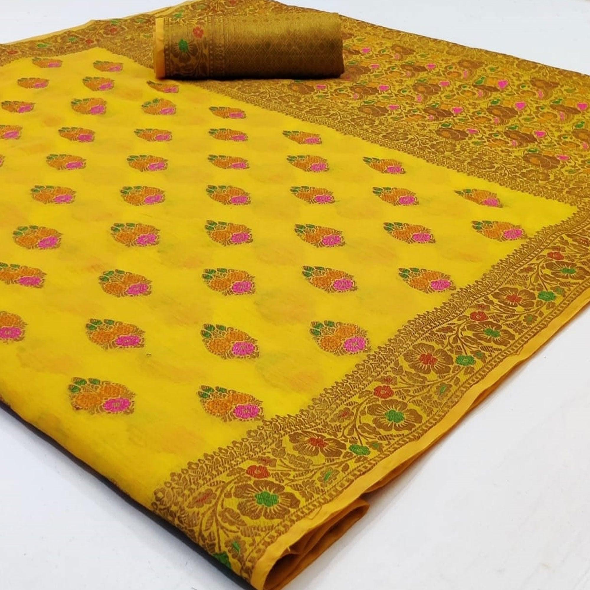 Peachmode Demanding Yellow Colored Festive Wear Woven Cotton Saree