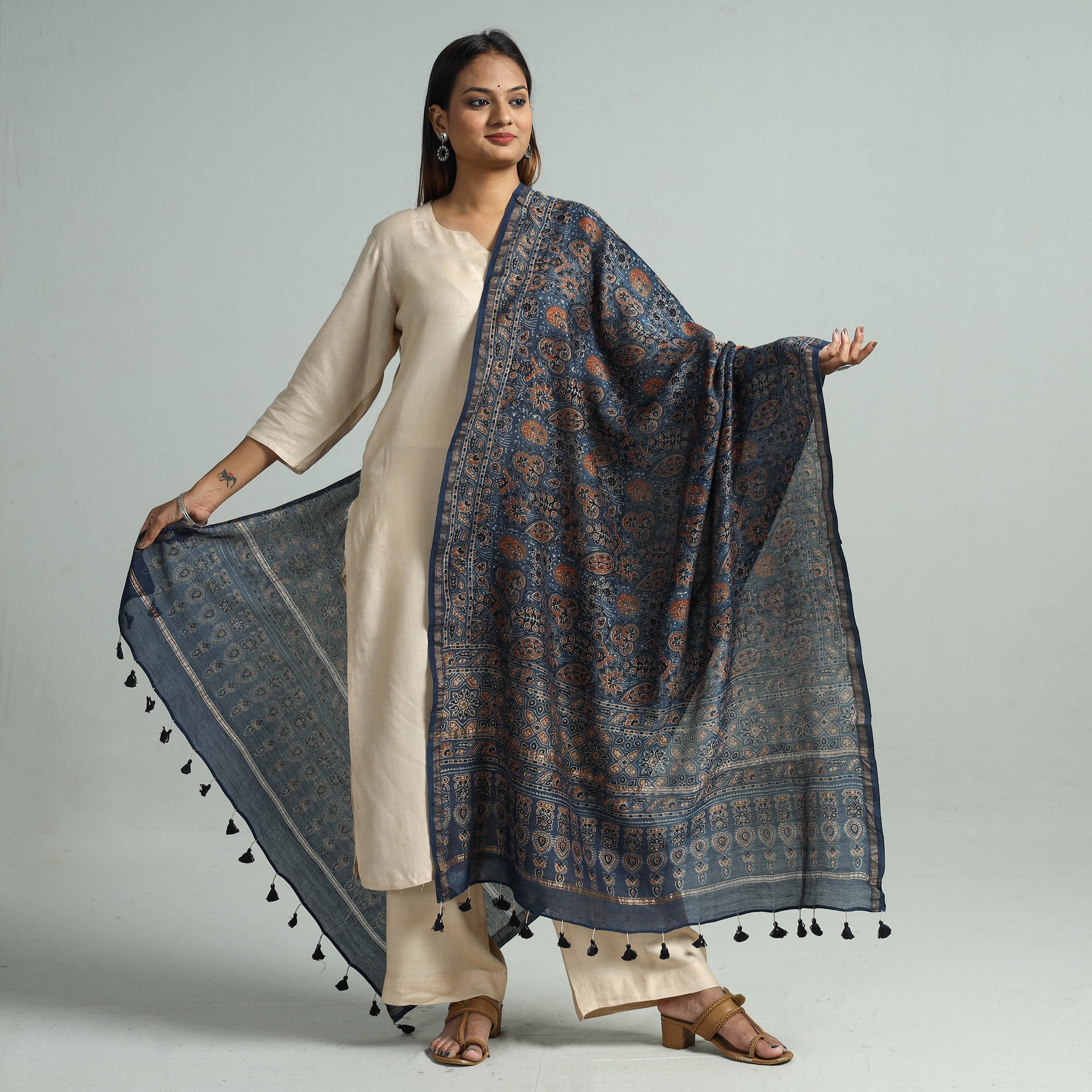 KACHCHH JI CHHAAP Blue - Hand Block Print Chanderi Silk Ajrakh Dupatta 68