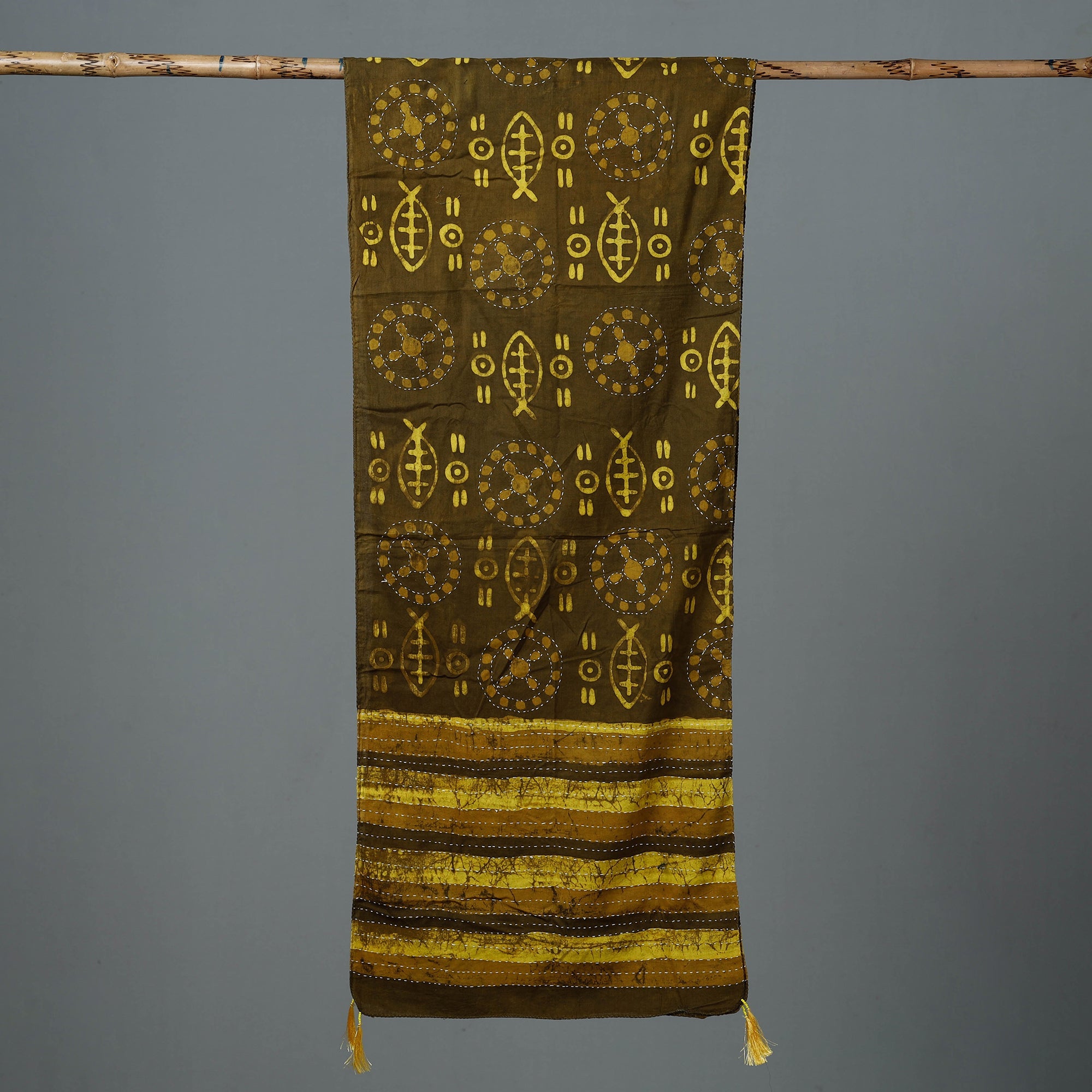 ARTISAN HAND BLOCK PRINTS Brown - Bagru Block Printed Tagai Work Cotton Stole with Tassels - view 3