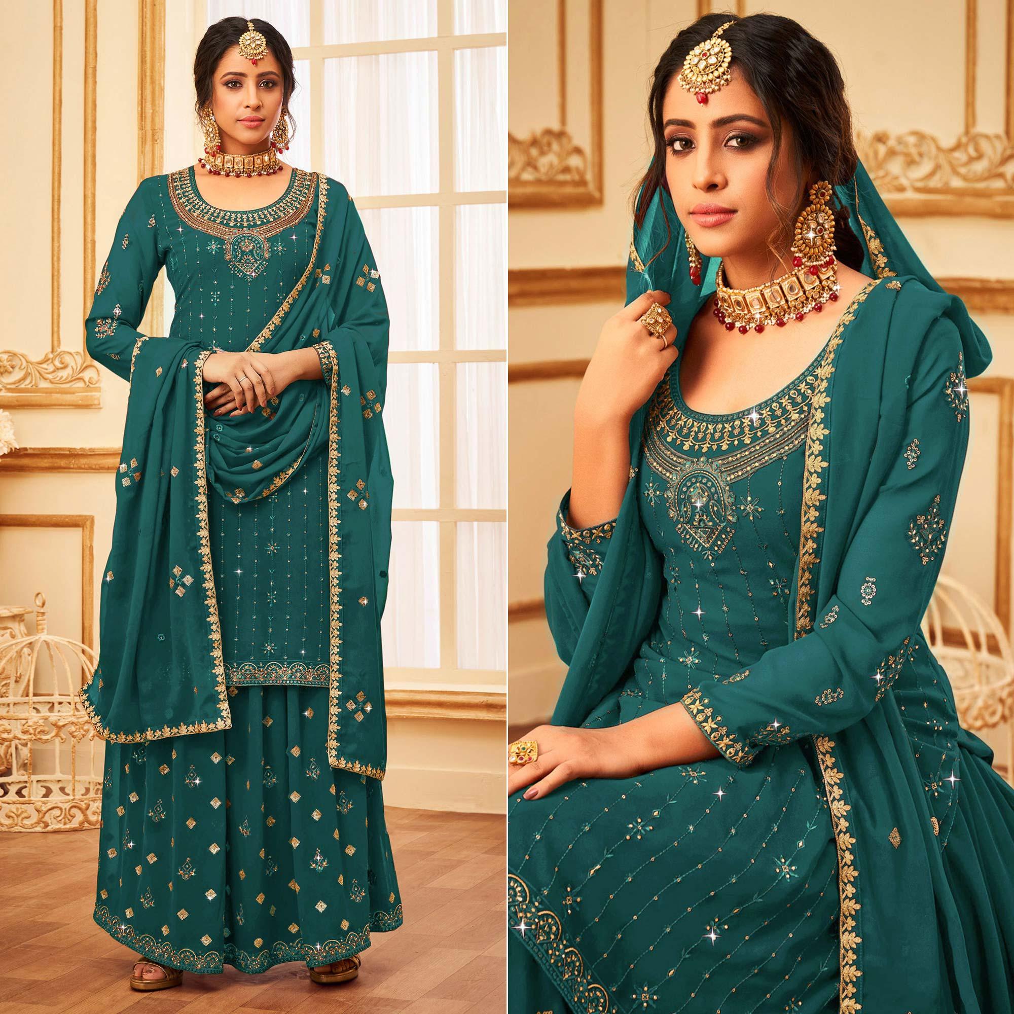 Morpich embroidered embellished – Peachmode Morpich Embroidered With Embellished Georgette Palazzo Suit