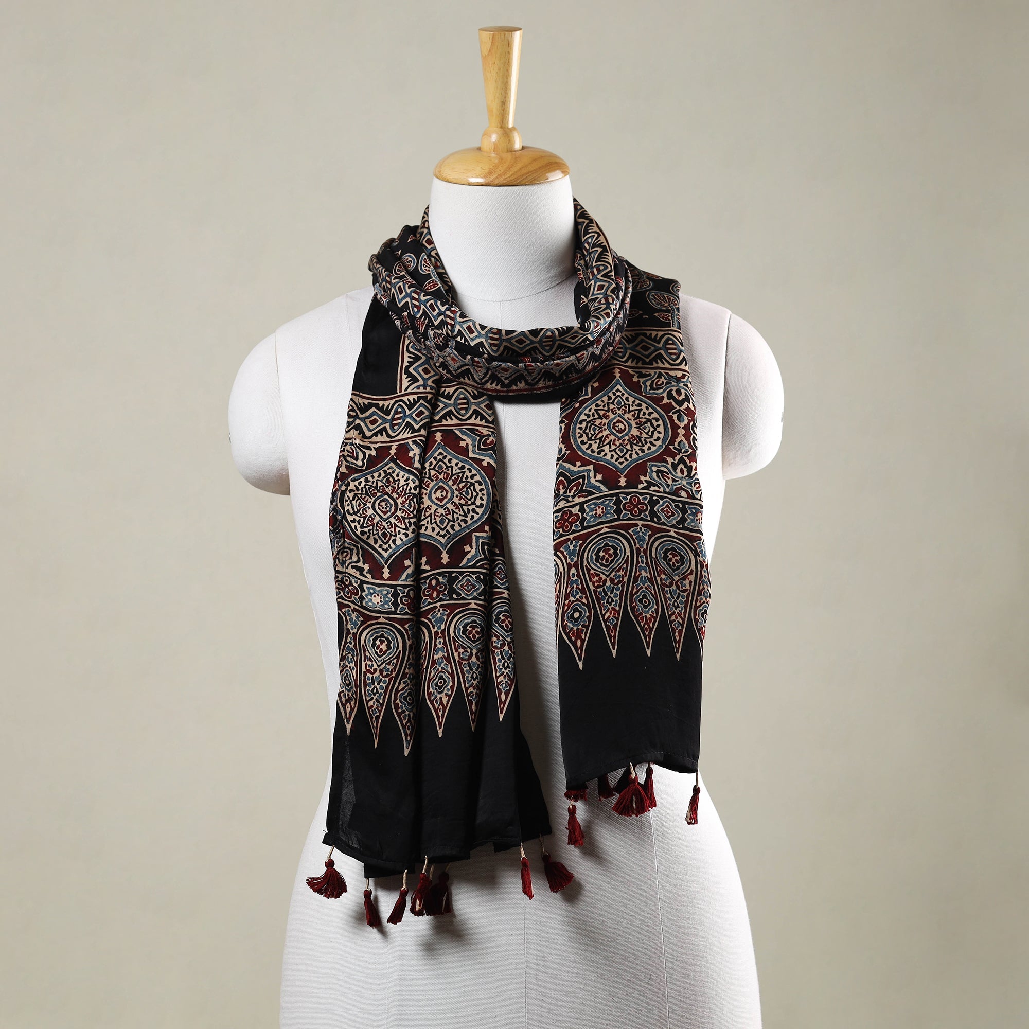 RIYAZ ABDULMAJID KHATRI - AJRAKH Black - Ajrakh Hand Block Printed Modal Silk Stole with Tassels