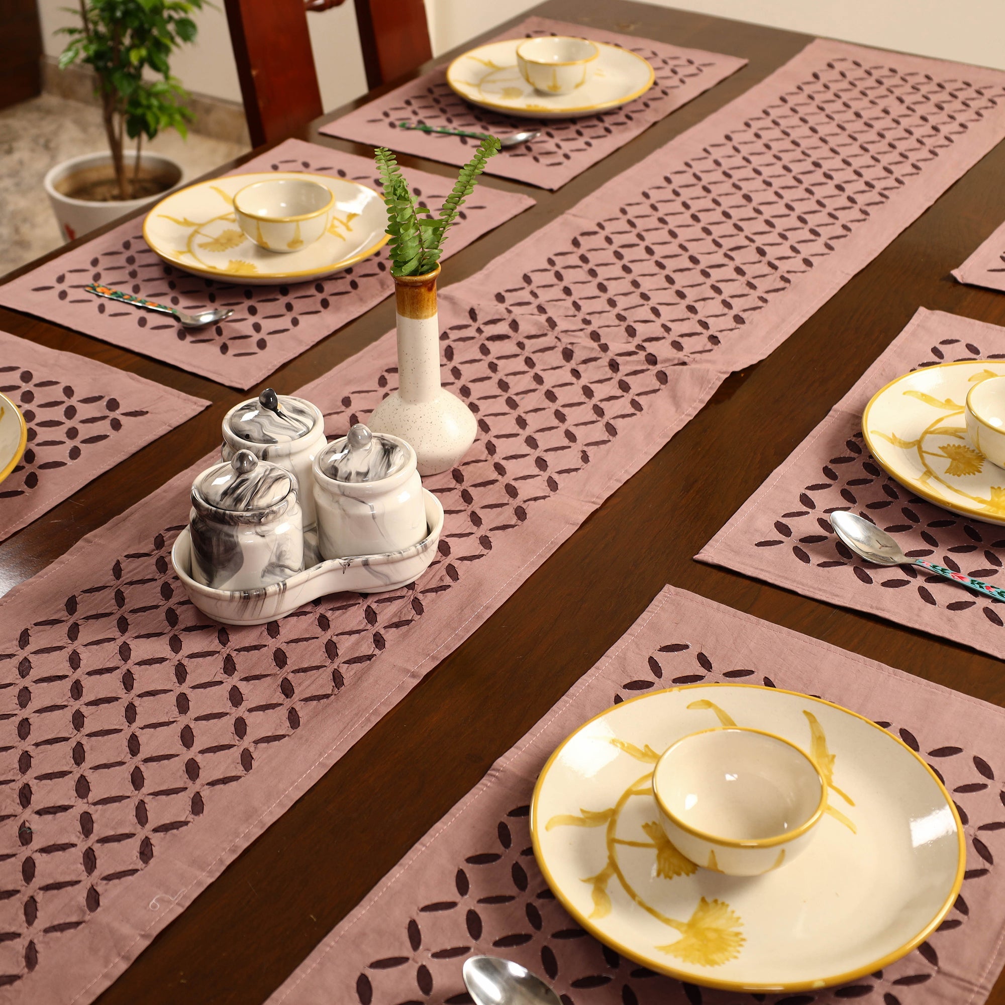 SHADES OF MARUDHARA Brown - Applique Cut Work Table Runner with Table Mat Set 88 - view 2