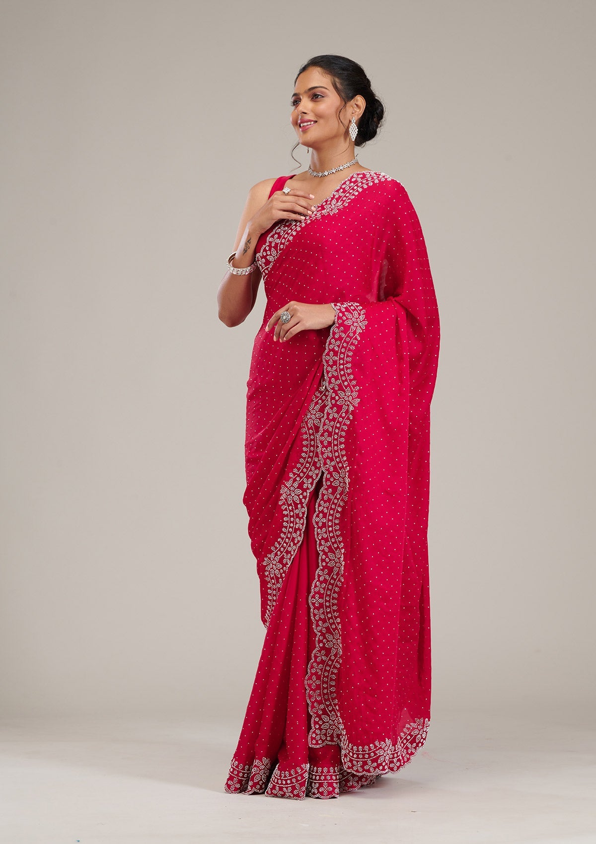 Koskii Rani Pink Swarovski Satin Saree – Women's - view 4