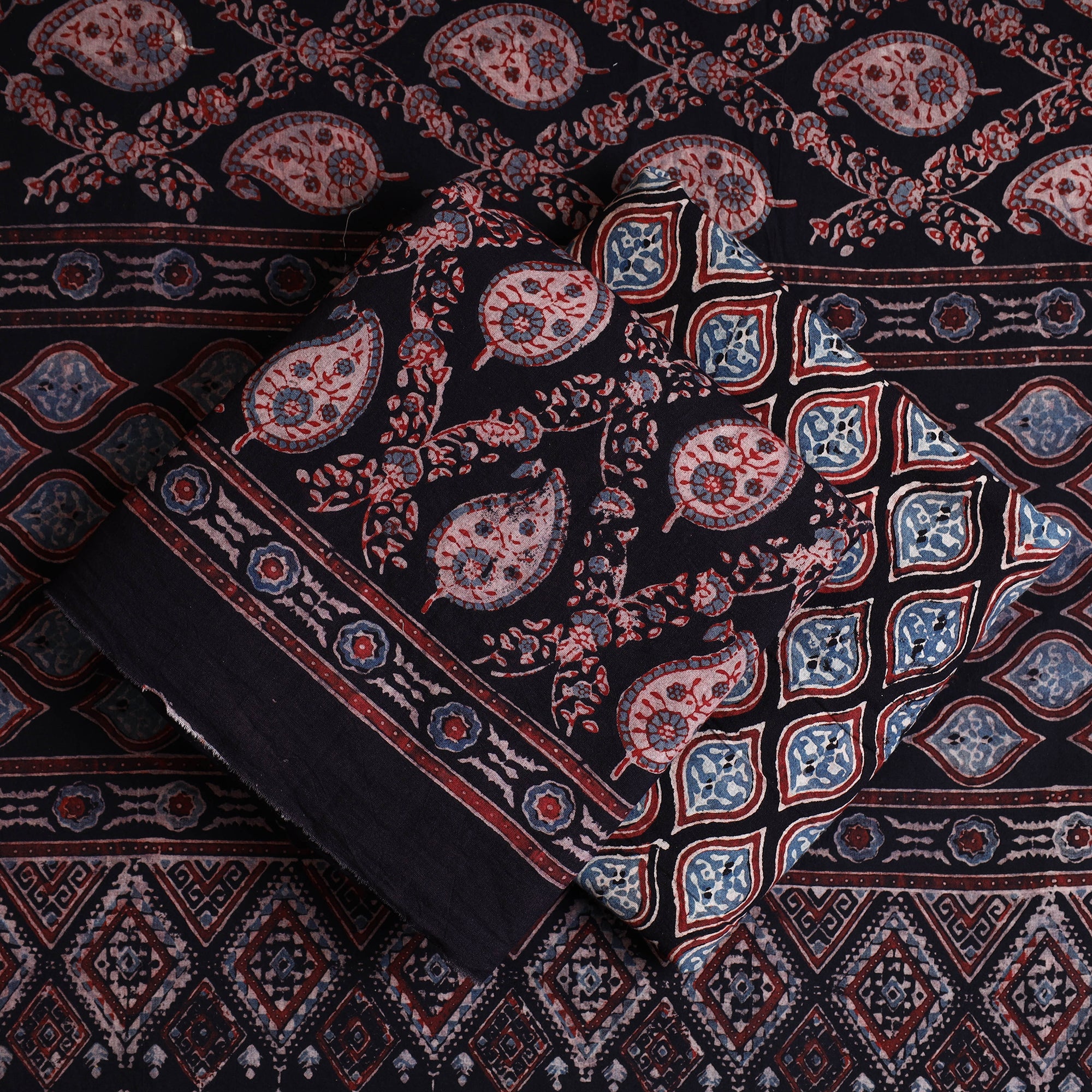 AJRAKH BY JABBAR KHATRI Black - Hand Block Print Cotton 3pc Ajrakh Dress Material 09 - view 2