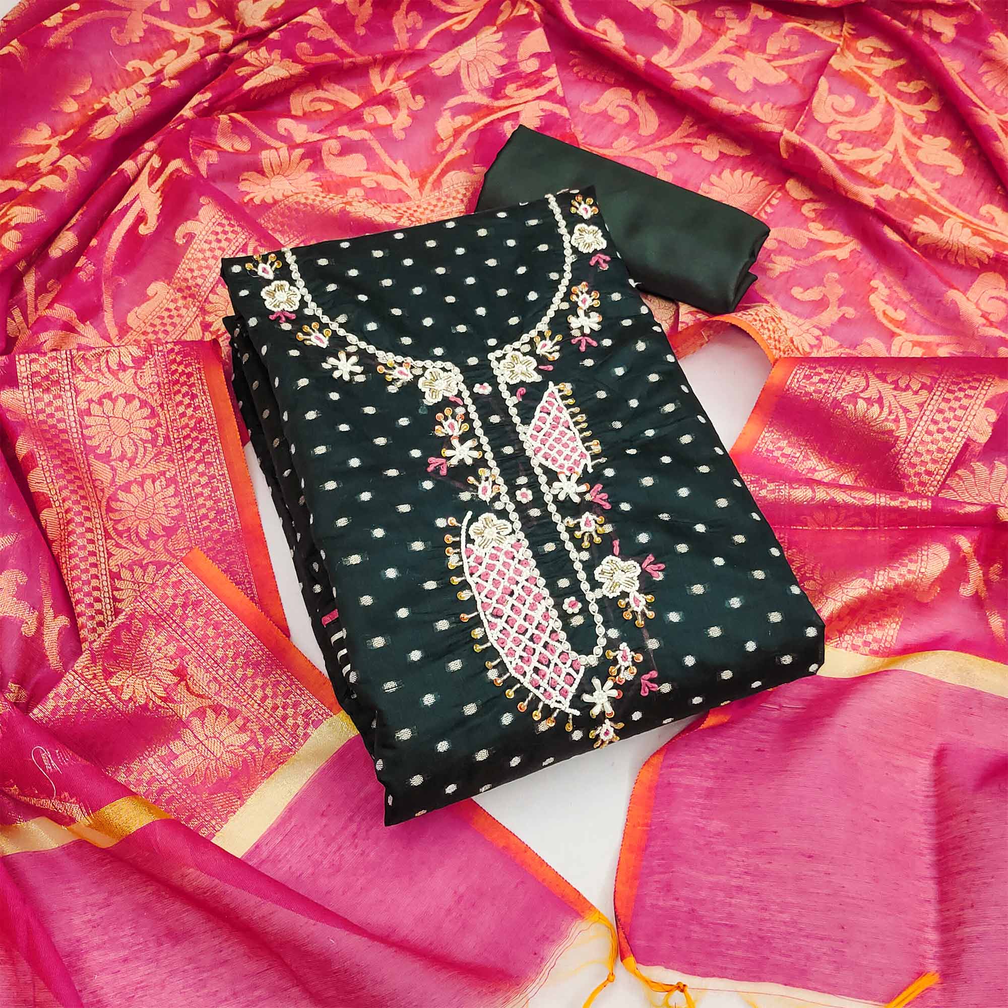 Peachmode Bottle Green Woven With Hand Embroidery Chanderi Dress Material