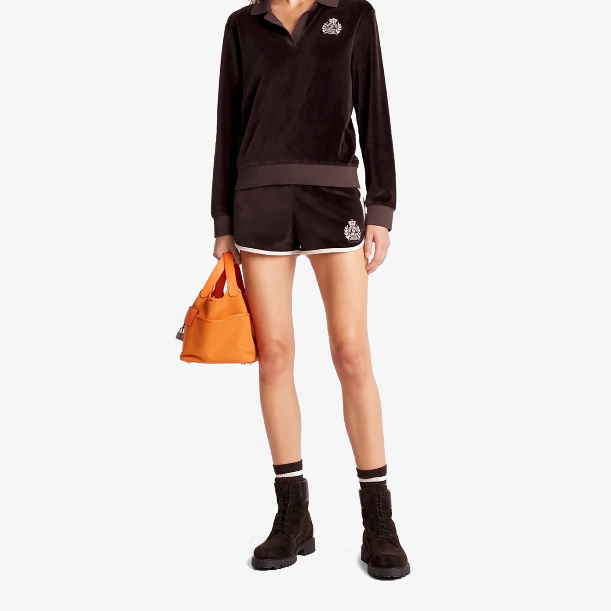 Sporty & Rich | Ny Crest Velour Short { Brown - view 4