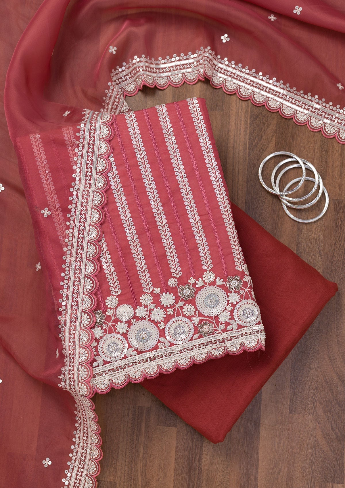 Koskii Rust Threadwork Tissue Unstitched Salwar Suit