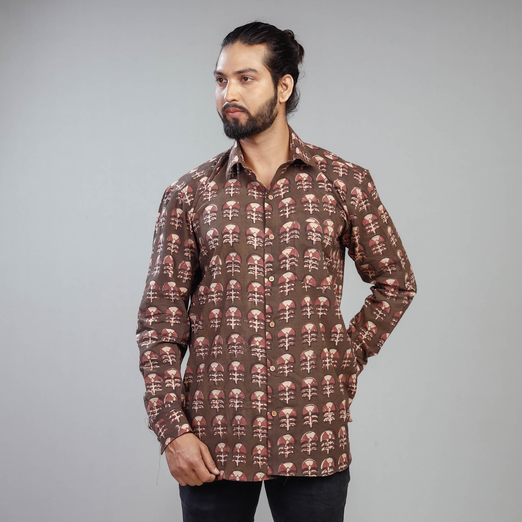 ITOKRI CASUALS Brown - Akola Block Printing Cotton Men Full Sleeve Shirt - view 3