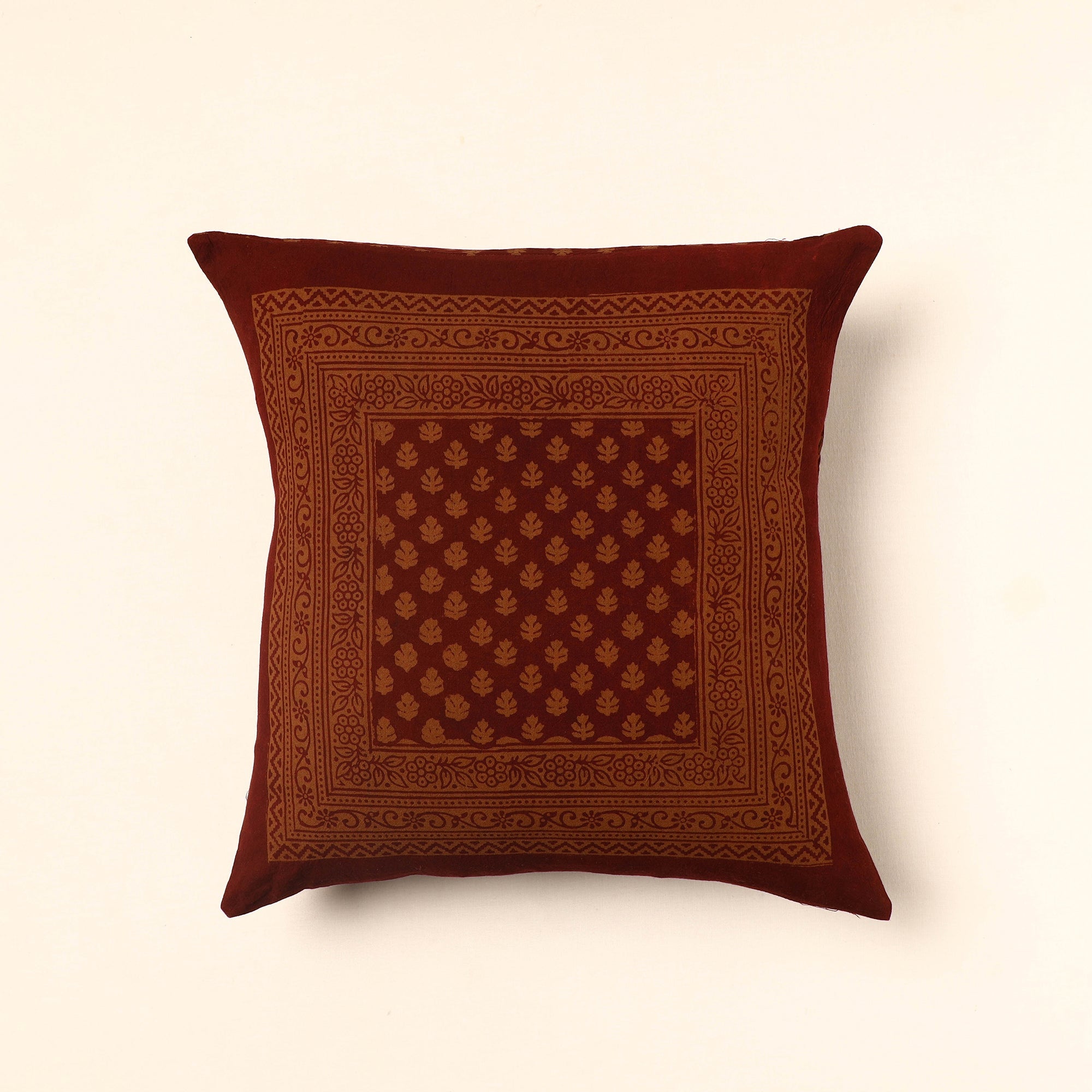 BAGH PRINTS BY ANSHAR FARUKH KHATRI Brown - Bagh Block Printed Cotton Cushion Cover (16 x 16 in) 02