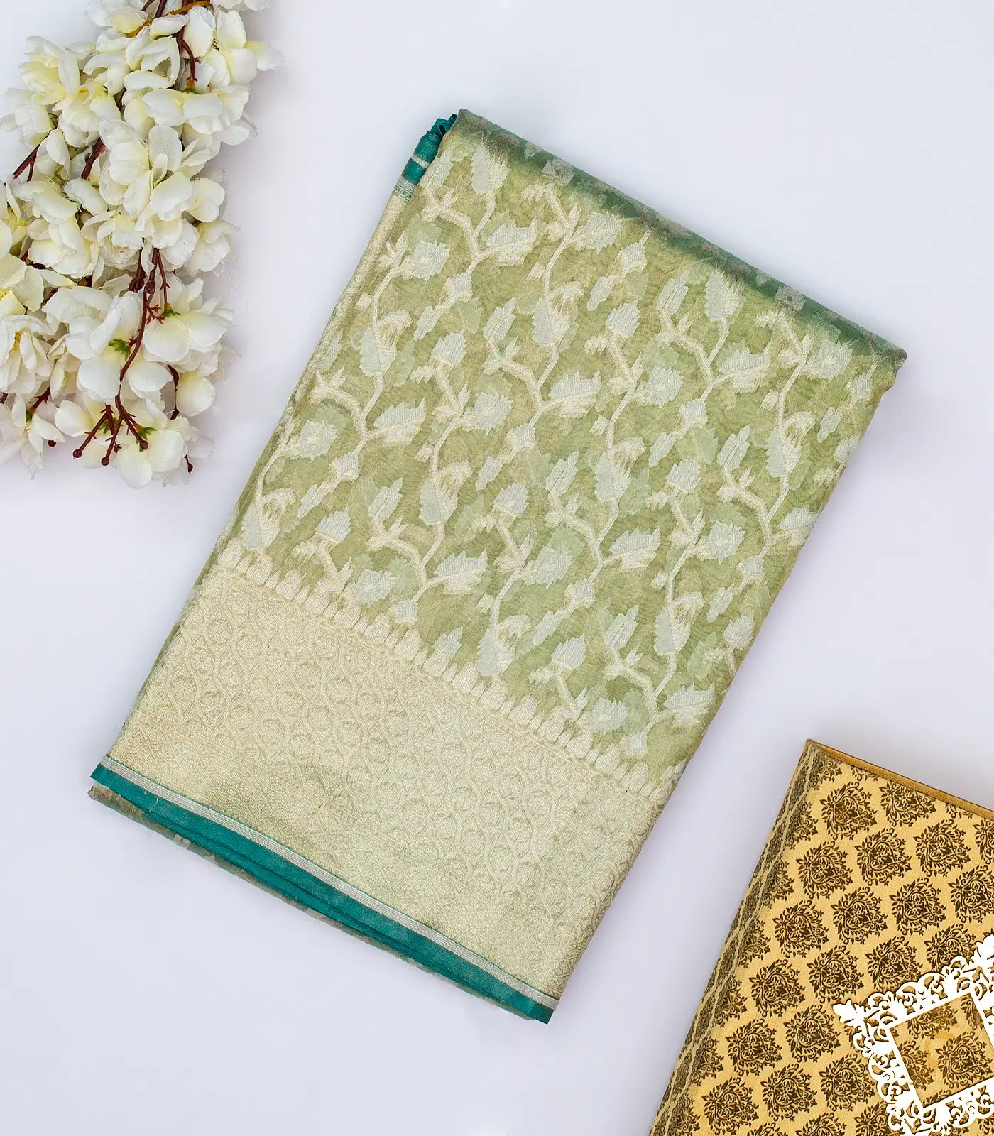 RmKV Aquamarine Banarasi Tissue Silk Saree With Mango Vine Motifs
