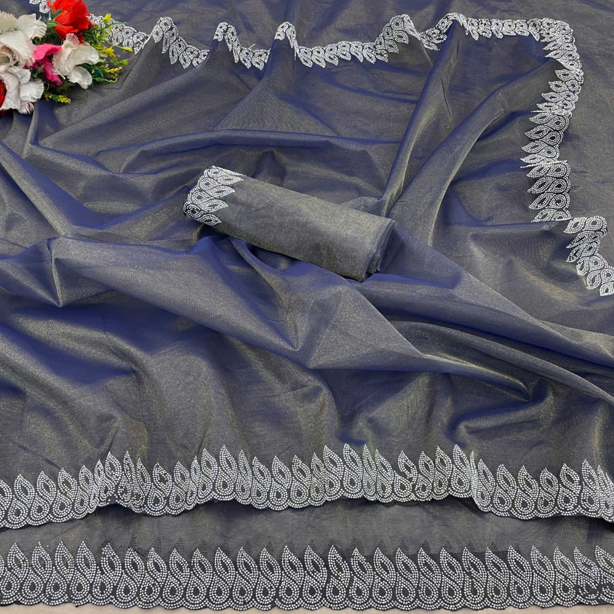 Peachmode Grey Stone Work Embroidered Twill Gold Net Saree