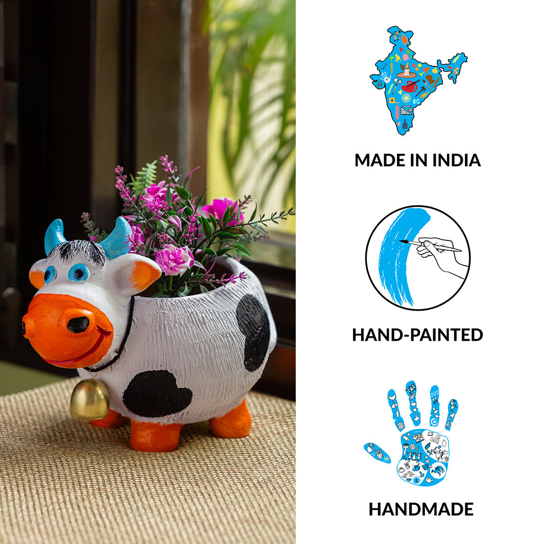 EXCLUSIVELANE 'Playful Cow' Handmade & Handpainted Terracotta Planter Pot (8 Inch) - view 6