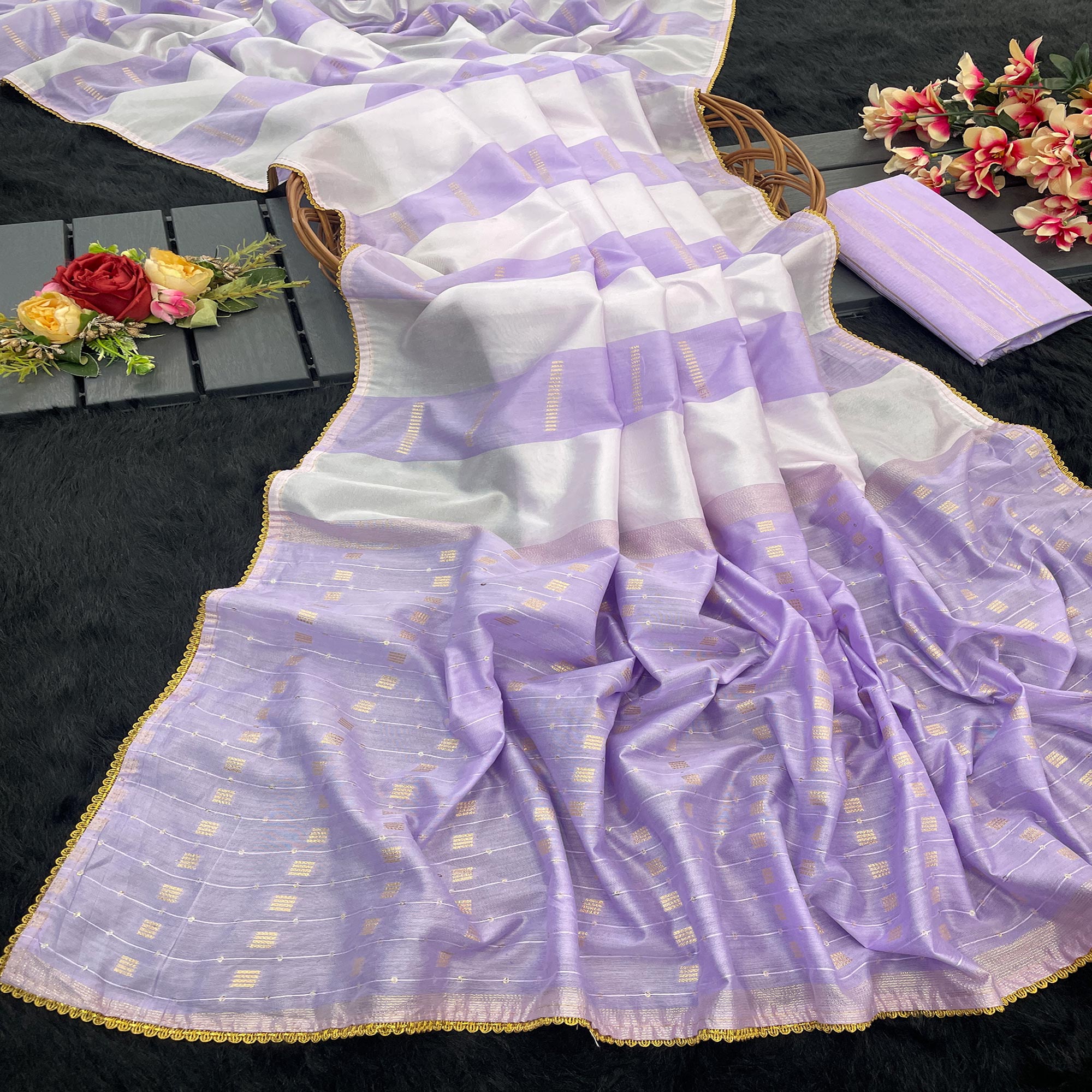 Peachmode Lavender Zari Woven With Sequins Work Tussar Silk Saree With Lace Border