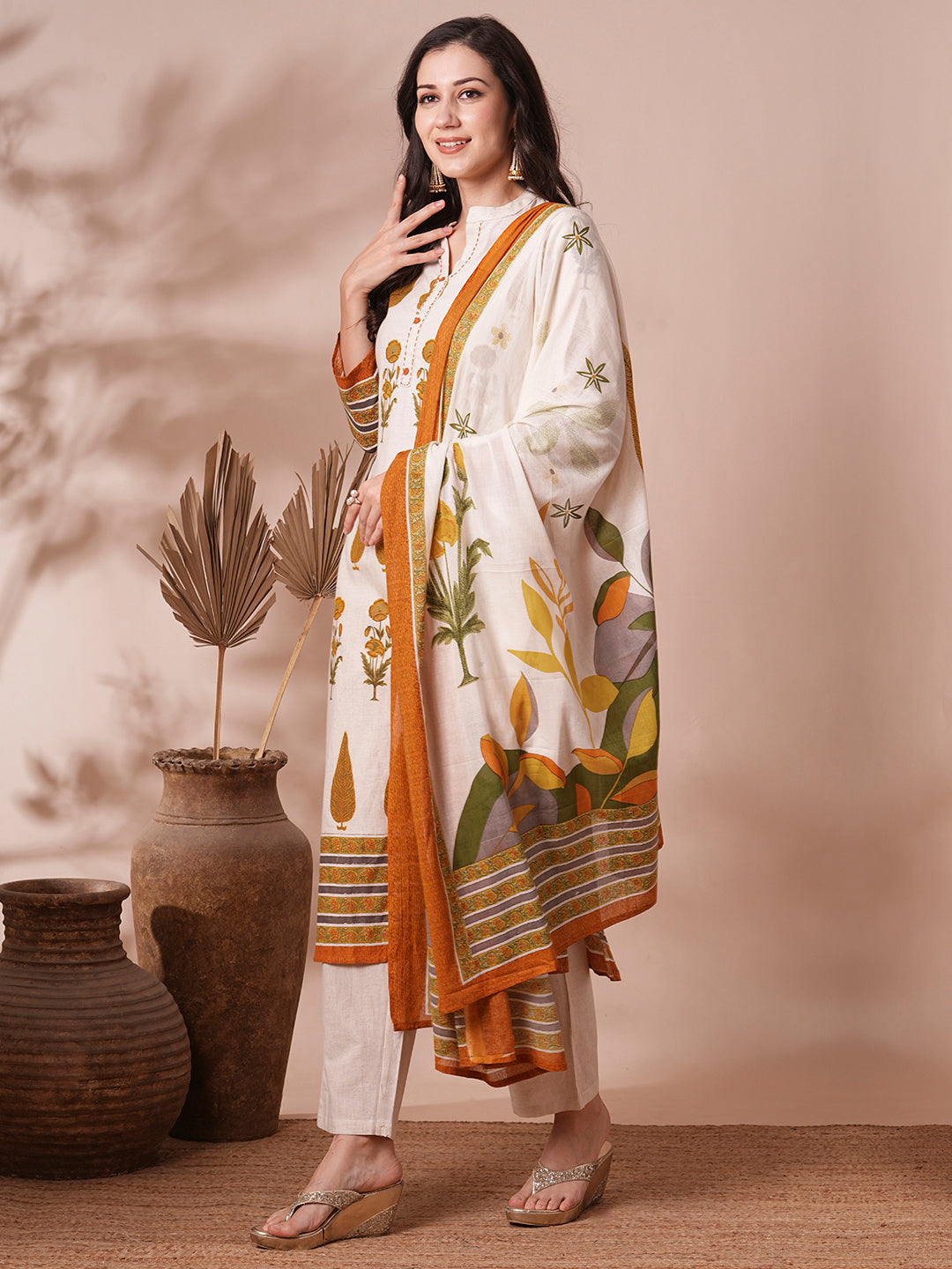 FASHOR Ethnic Printed Straight Fit Cotton Flax Kurta with Pant and Dupatta - Off White - view 4