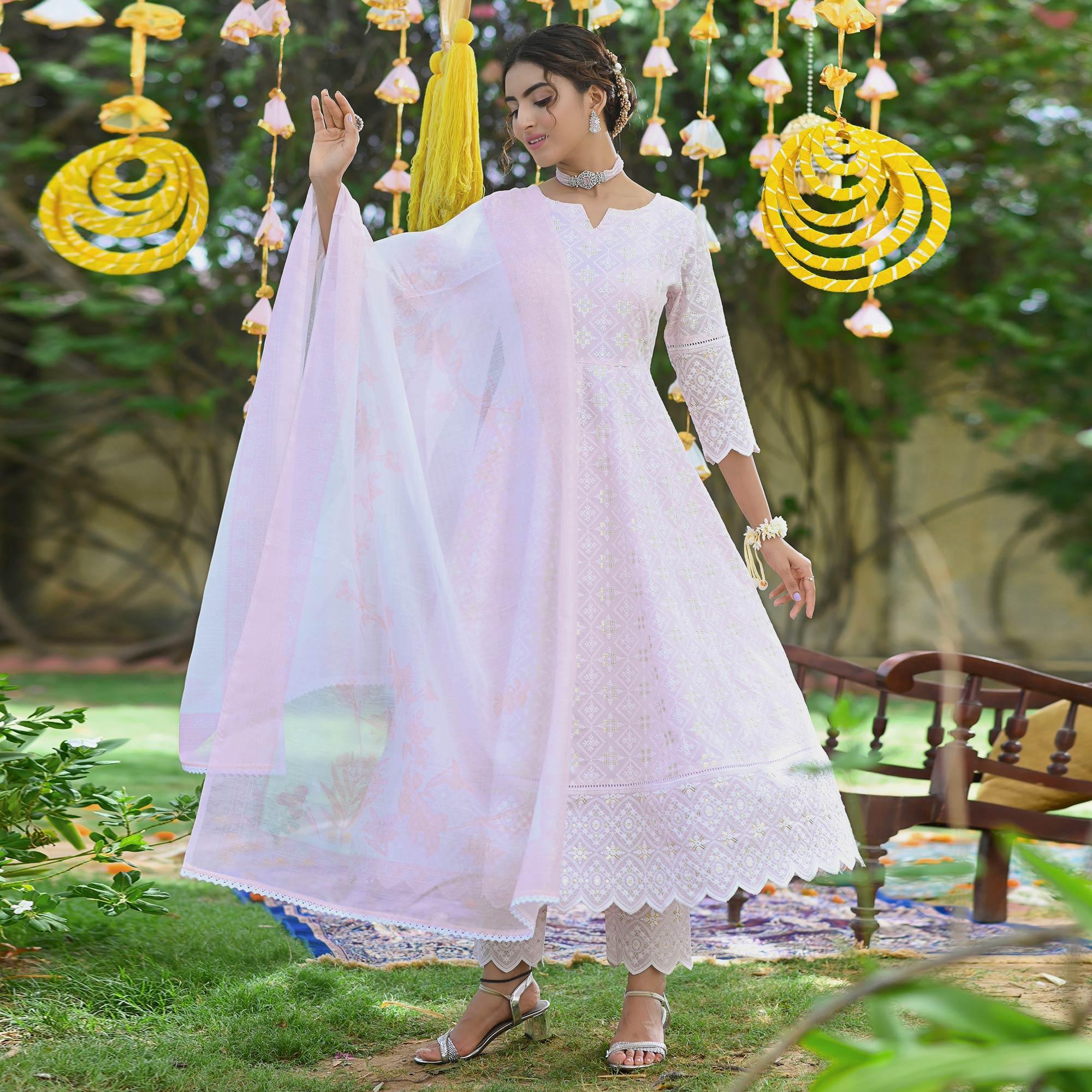 Peachmode Light Pink Lucknowi Embroidered Pure Cotton Anarkali Suit - view 4
