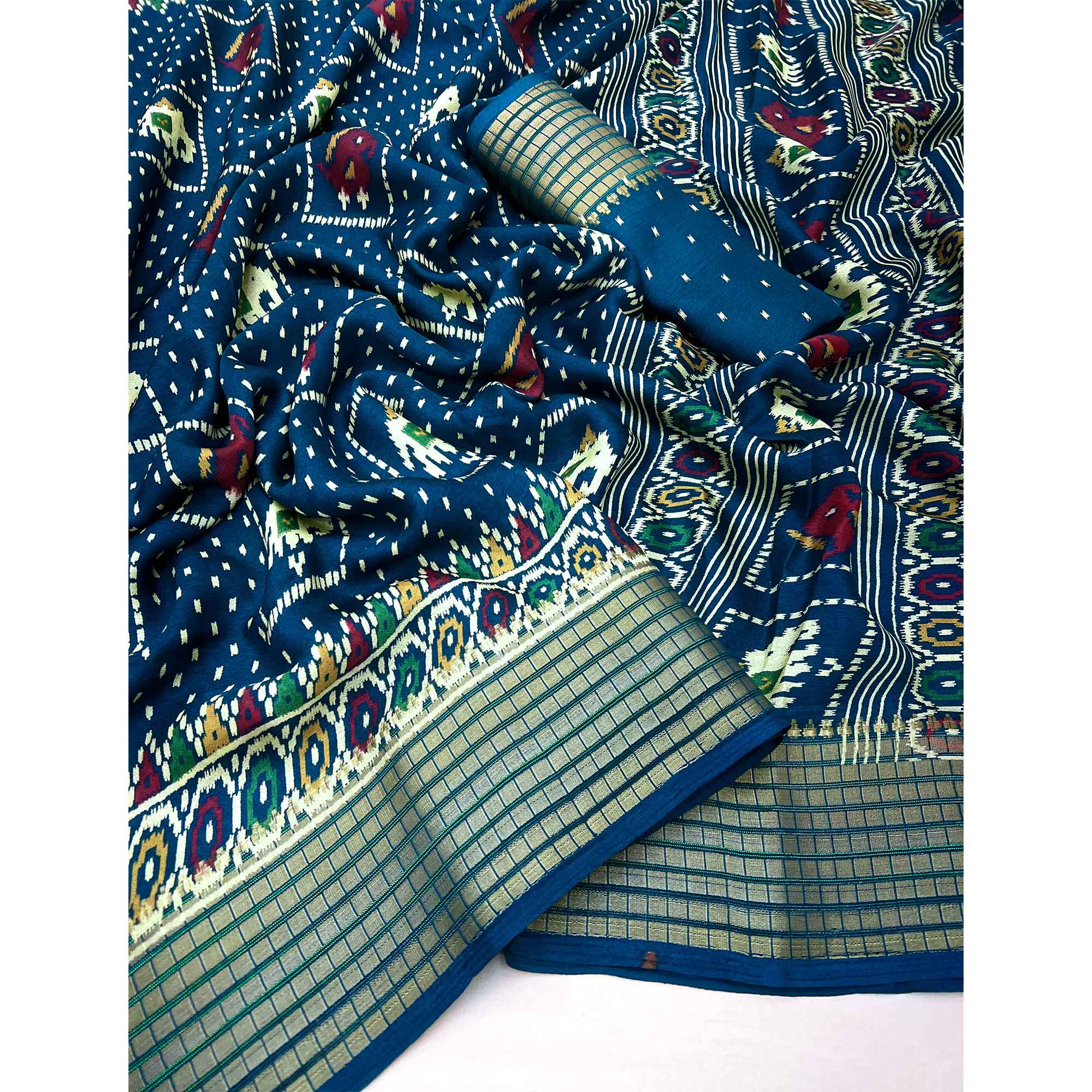 Peachmode Morpich Blue Printed Georgette Saree With Woven Border - view 3