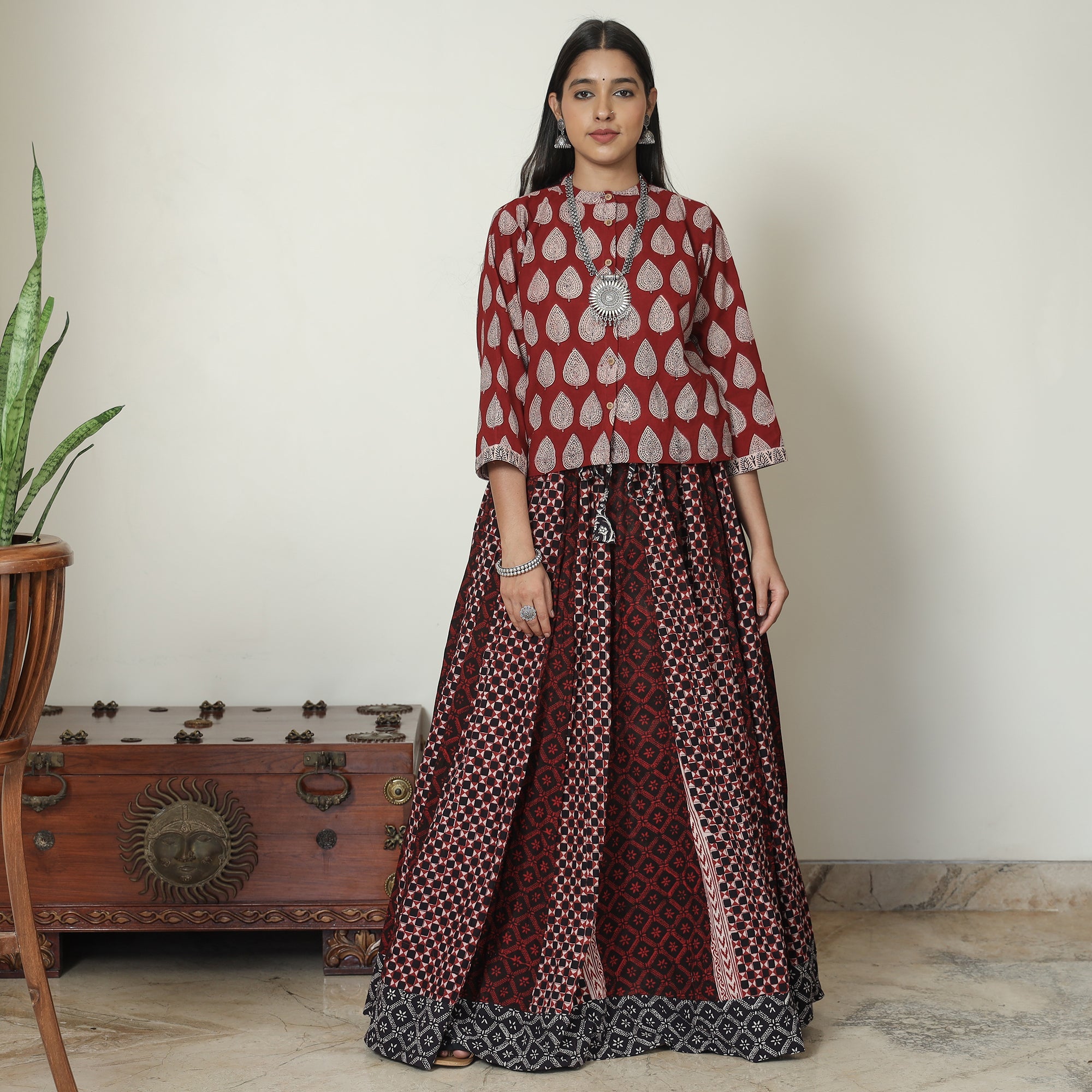 NOORI BAZAR Brown - Bagh Block Printed Patchwork Cotton Long Skirt