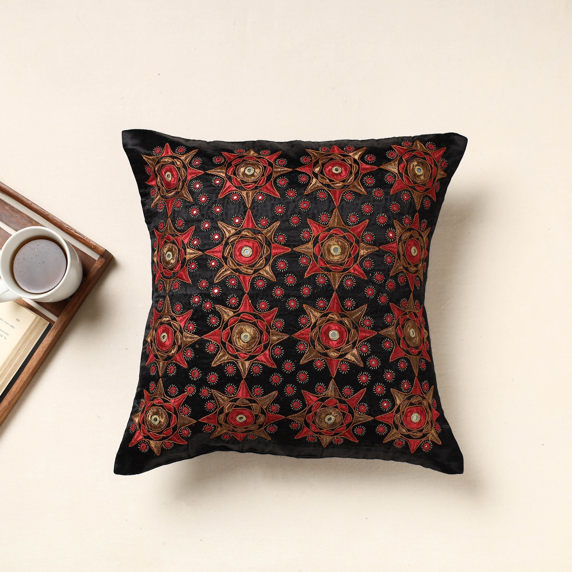 QASAB Black - Kutch Pakko Hand Embroidery Mashru Silk Cushion Cover (16 x 16 in)