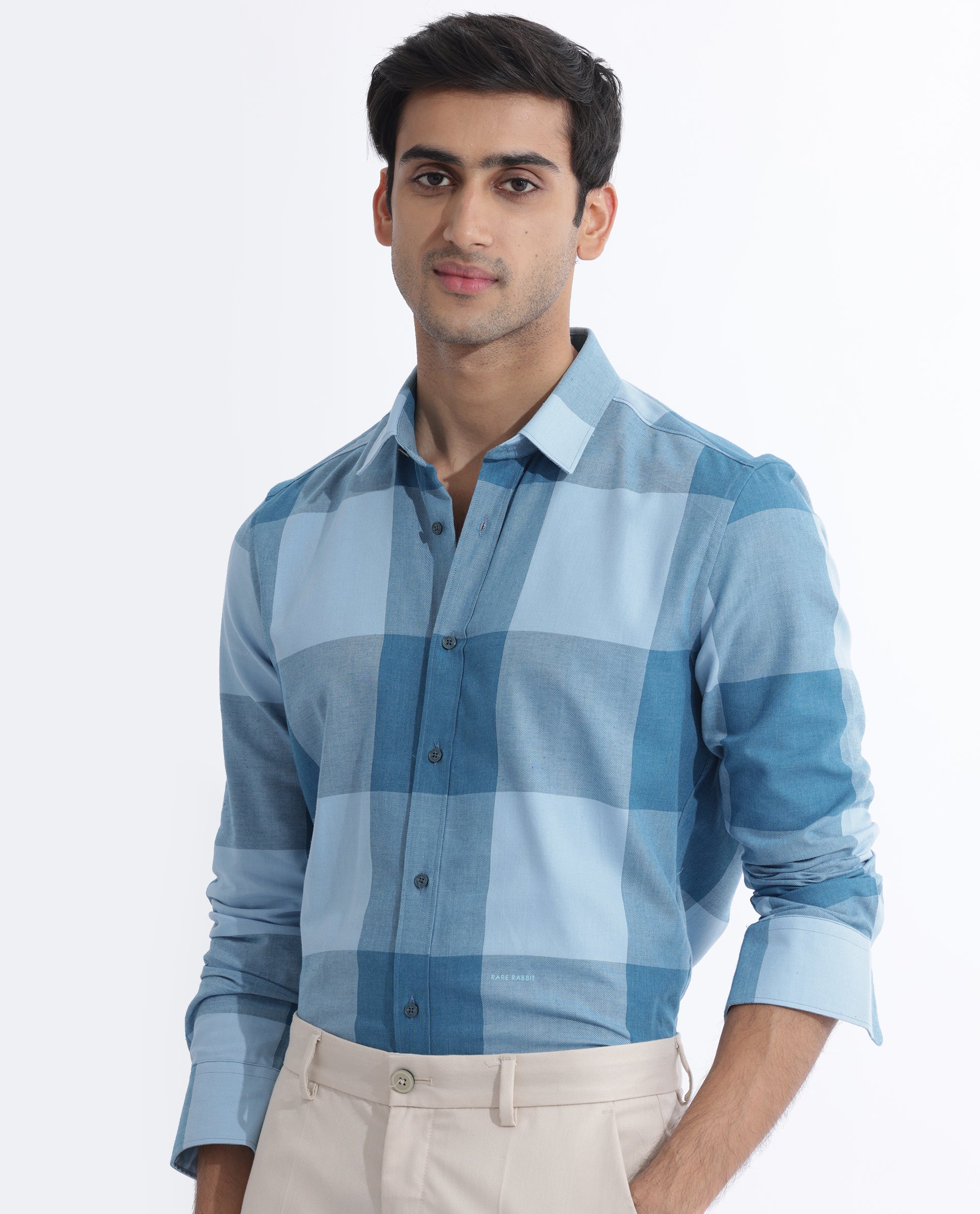 Rare Rabbit Men's Beavers Blue Cotton Fabric Full Sleeves Twill Checks Shirt