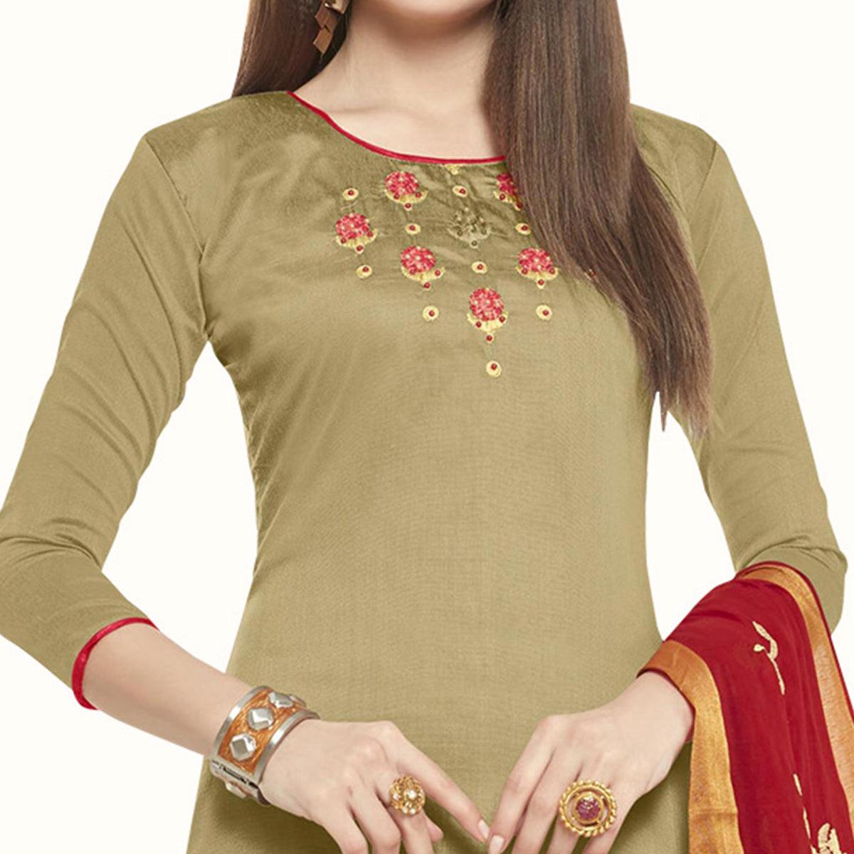 Peachmode Mesmeric Chiku Colored Casual Wear Embroidered Cotton Dress Material - view 2