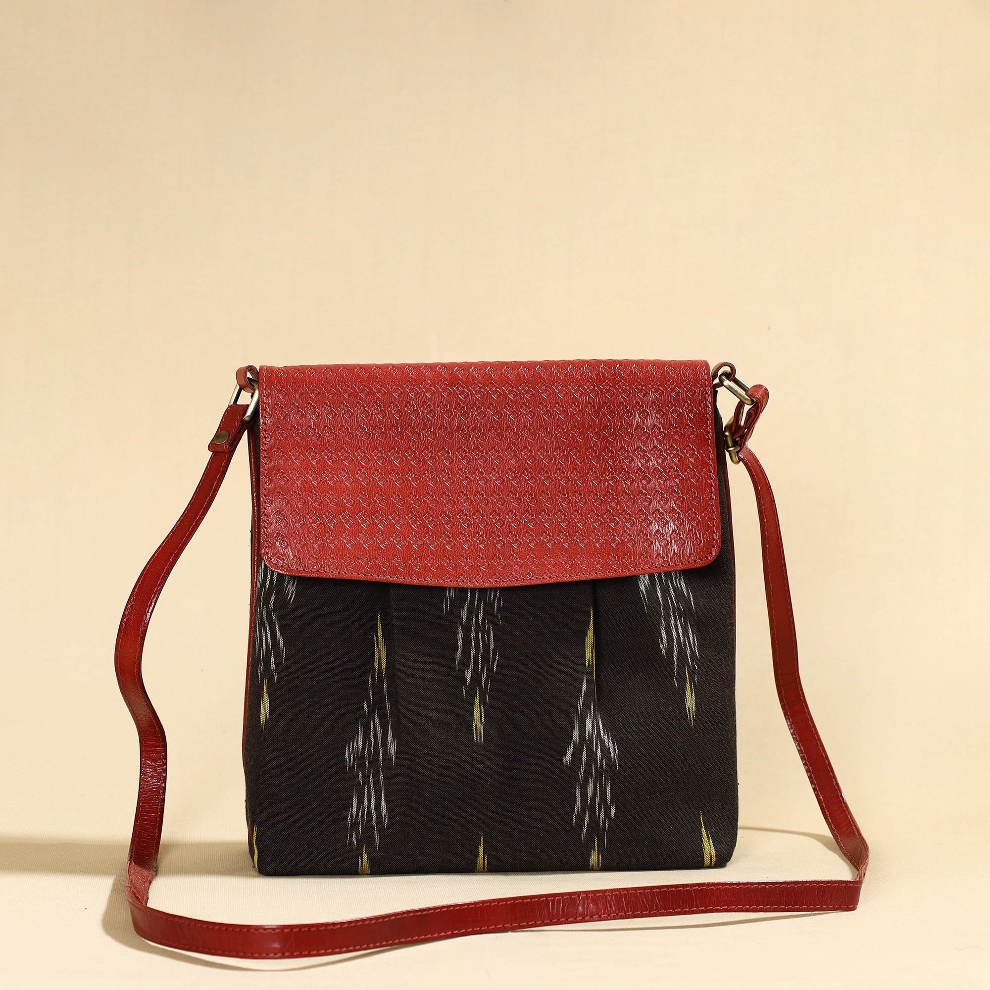 ASALKAAR Black - Handcrafted Ikat Fabric Sling Bag with Embossed Leather Flap - view 2