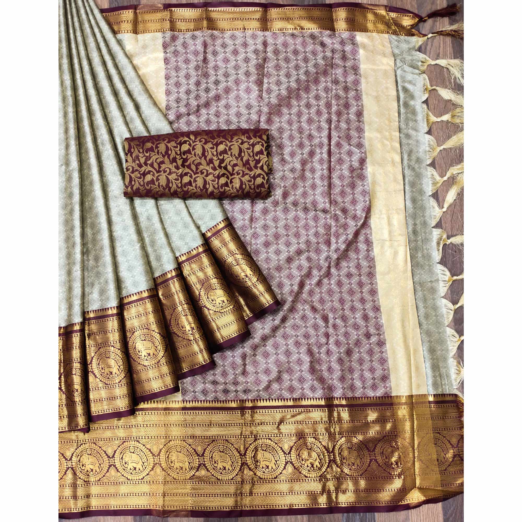 Peachmode Chikoo Woven Cotton Silk Saree With Tassels - view 3