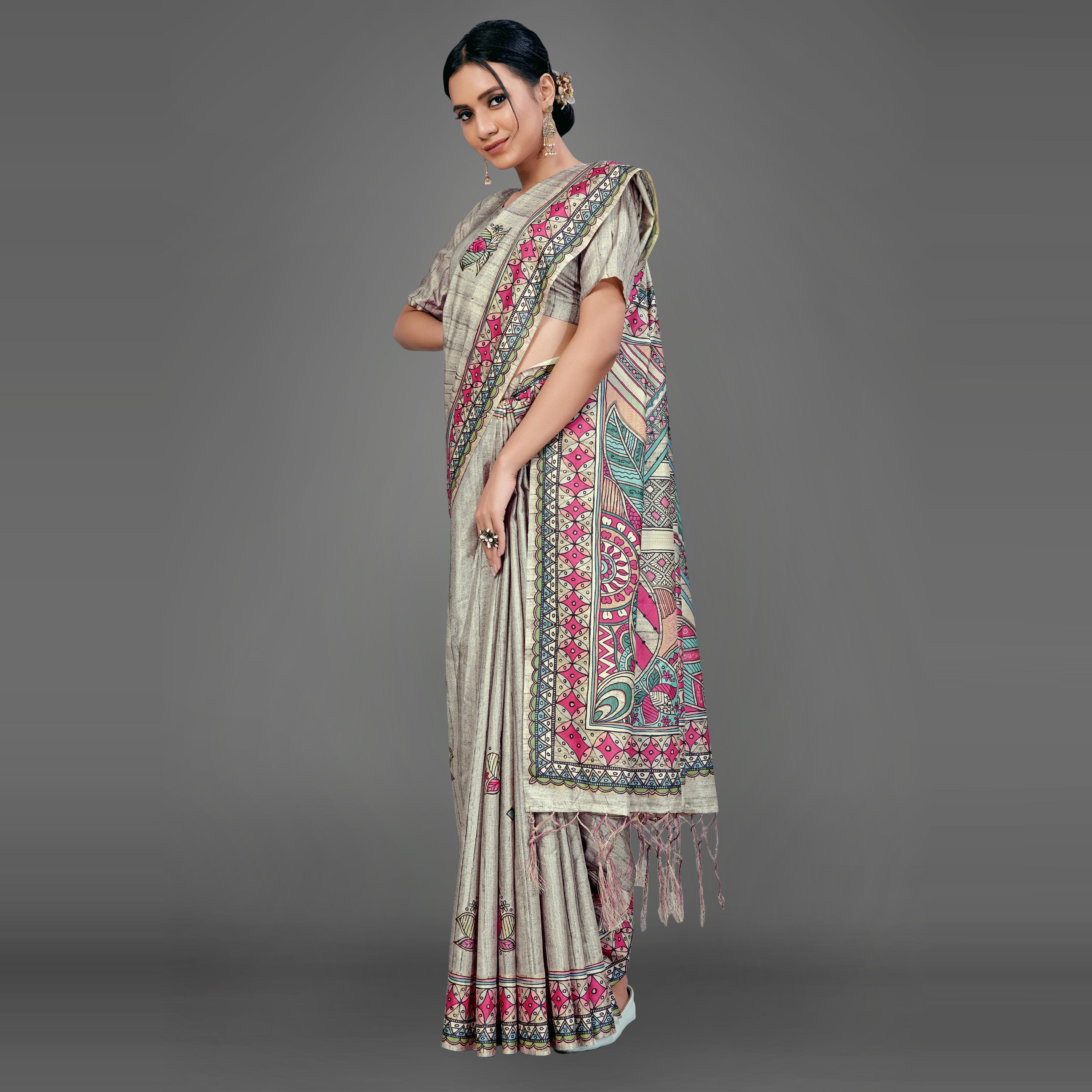 Peachmode Grey Party Wear Silk Blend Floral Print Saree With Unstitched Blouse - view 2