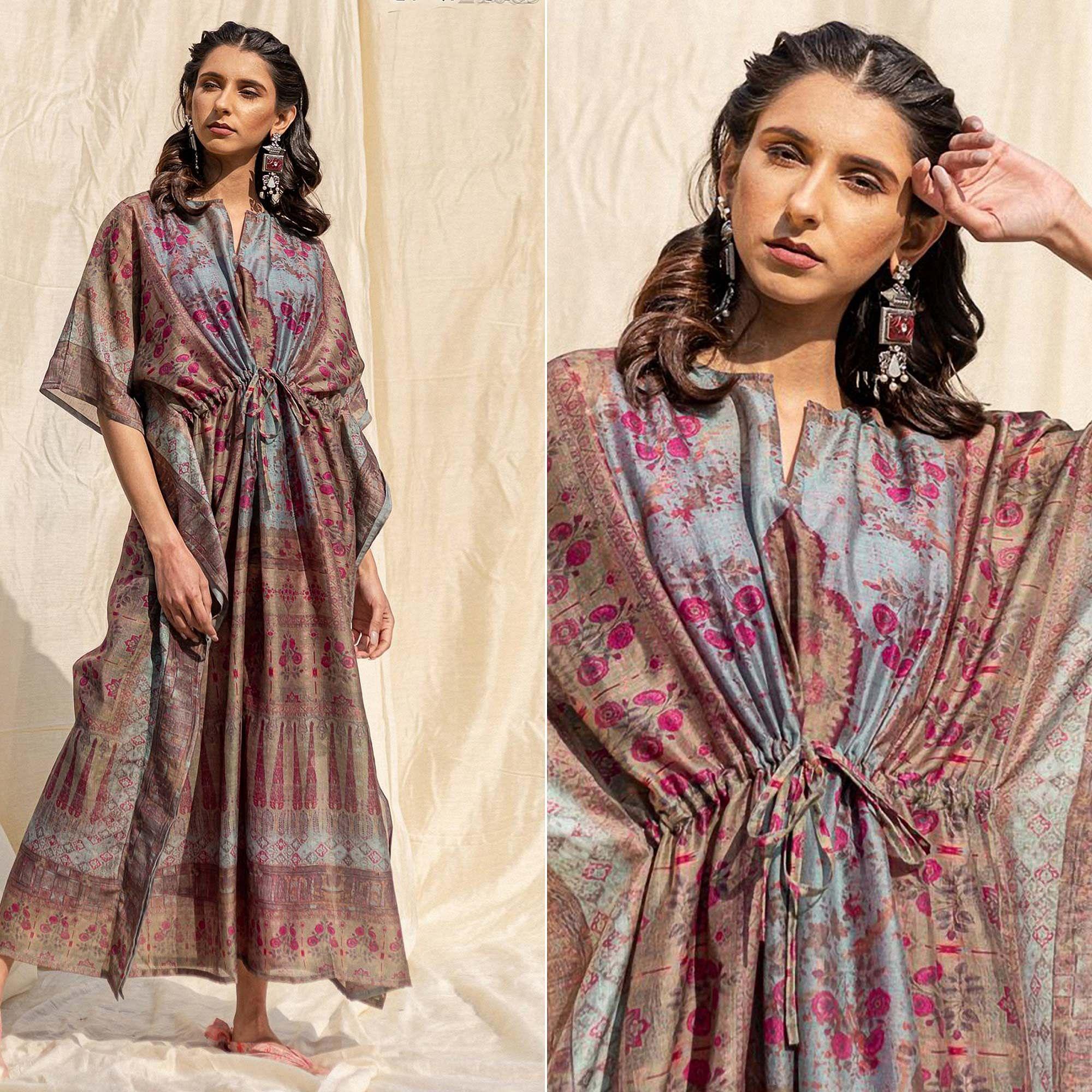Peachmode Seller Brown Casual Wear Floral Digtial Printed Silk Kaftan Kurti
