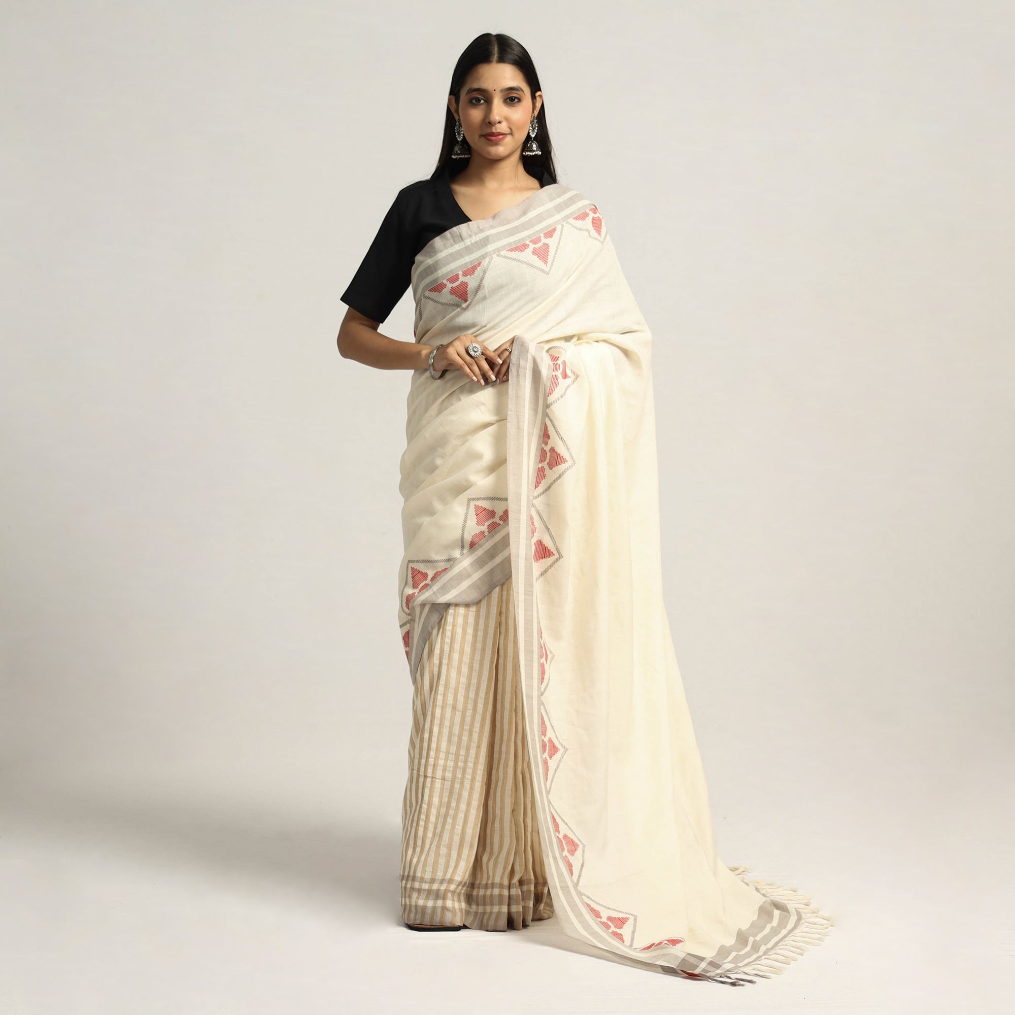 BUN.KAR BIHAR BY SRIJANI FOUNDATION Beige - Grey & Kora with Grey Trangle Pattern with Red Floral Buti Extra Weft Silk Cotton Saree