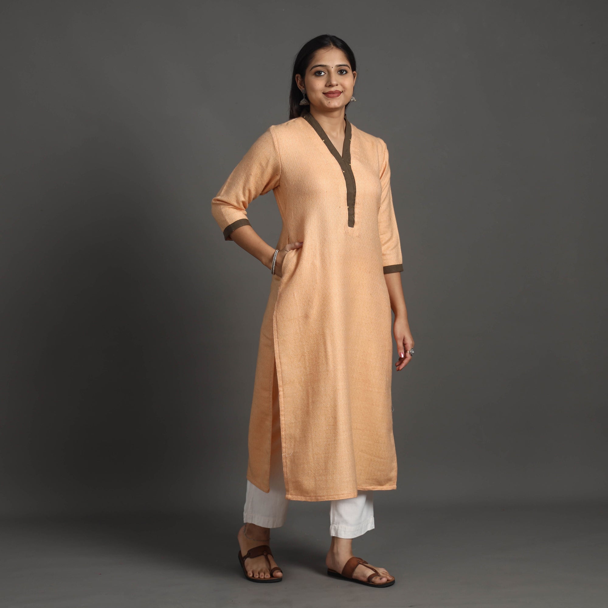 ITOKRI CASUALS Aashvi Light Peach Merino Woolen Kurta - view 2